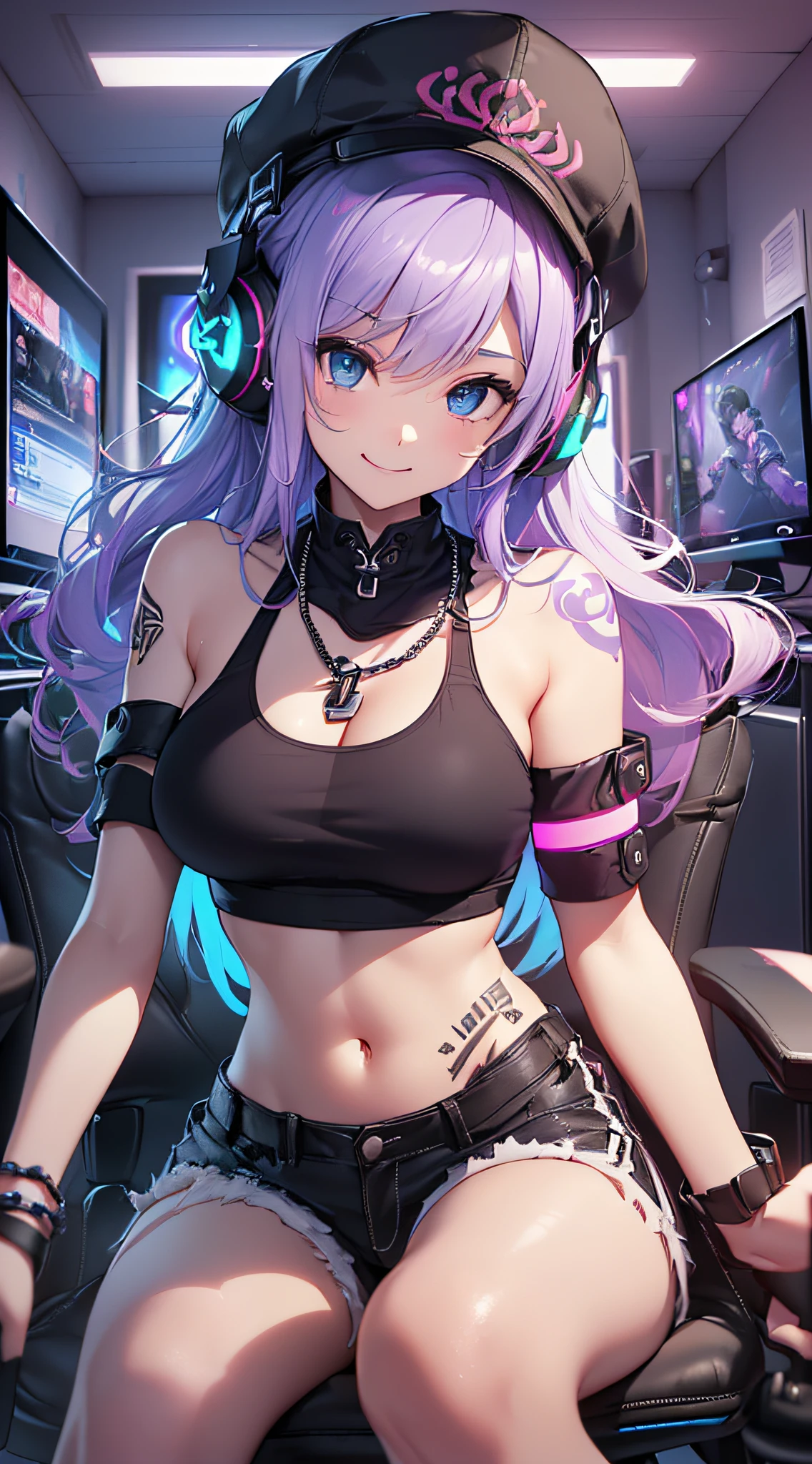 top-quality、Top image quality、masterpiece、girl with((18year old、Cool hat、Tattoo on the right shoulder、Black Navel Tank Top、White shorts、Best Bust、Bust 85、Purple hair、Longhaire、Blue eyes、open chest wide、Happiness、Chain Accessories、Black wristband on wrist、sit a chair、A slender、A smile、Have a controller、Sexy Shots、gaming headphone、Leaning forward to your audience))hiquality、visualart、Magazine cover style、Background with((Neon colored room、Gaming PC、Gaming Desk、Gaming Chair、Gaming bed、gaming console、atmosphere of night))、masutepiece、Depth(ciber)