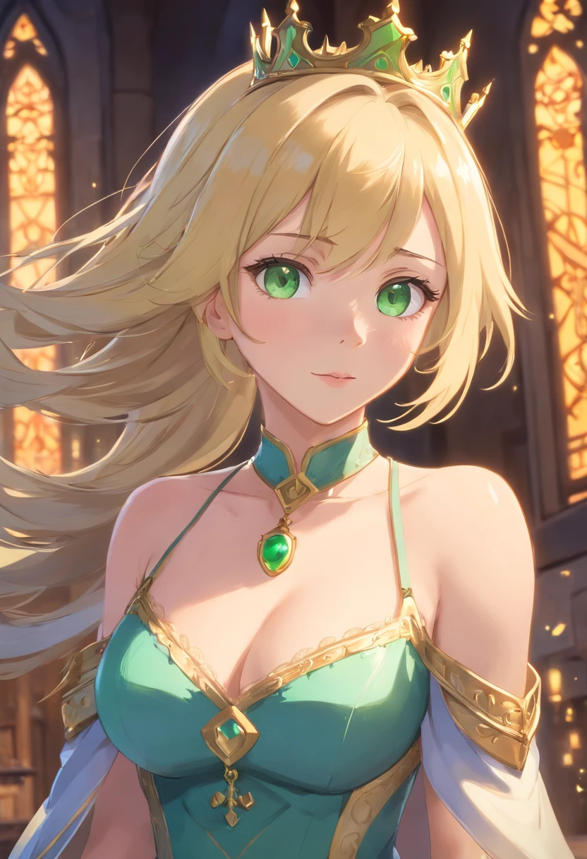 masterpiece, best quality, Fantasy Medieval Concept art, 1girl, Elegant Crown, Blonde hair, Green eyes, Pale skin, Slim shape, Large breasts, medium sized ass, light hourglass shape, strong jawline, cheeks with a bit of chub to them, regal appearance, Queen, elegant dress,