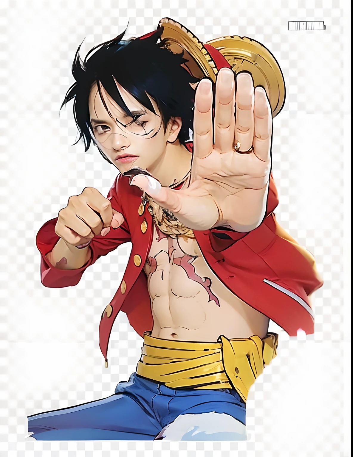 Capture the essence of youth and style in a realistic professional and marketing photoshoot. A boy with sleek black hair exudes confidence, sporting a vibrant red jacket that pops against his yellow belt and complementing blue pants. Showcase his fashion-forward look with impeccable lighting and attention to detail.