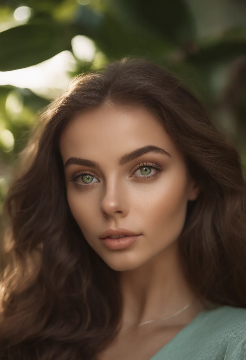 sexy girl with green eyes, portrait sophie mudd, brown hair and large eyes, selfie of a young woman, bedroom eyes, violet myers, without makeup, natural makeup, looking directly at the camera, face with artgram, subtle makeup, stunning full body shot, piercing green eyes, girl in bikini on the beach