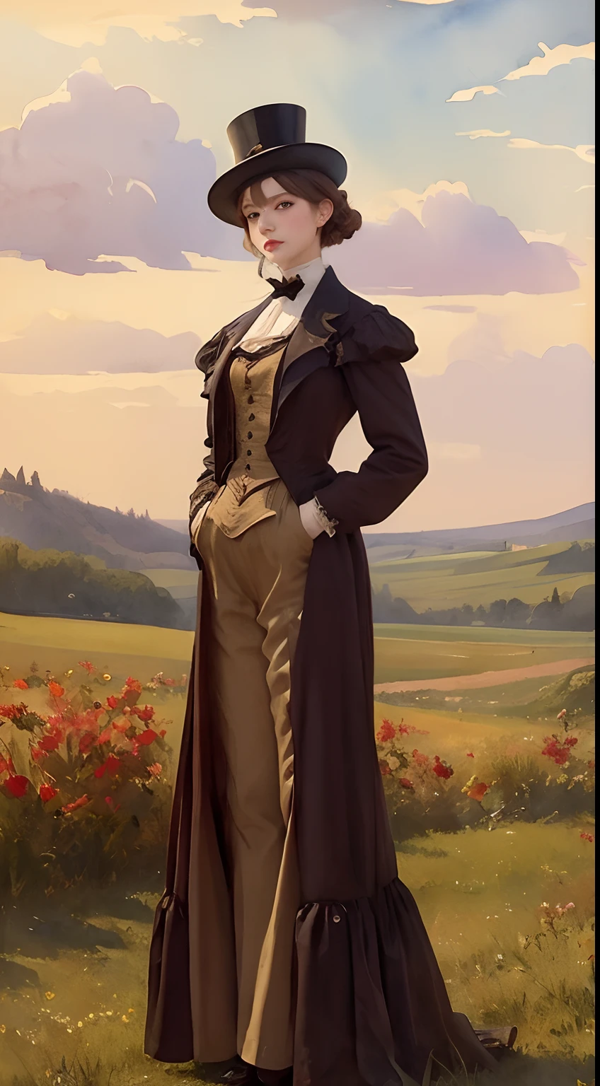 (Watercolor in Sargent style))、(top-quality、​masterpiece)、Soft light、steampunc、Steampunk Body、Full body posture、Machine body、Gear device、Karakuri doll、Industrial Revolution、Russian woman、Short hairstyle、sulky face、Top hats and goggles、Autumn landscape、evening