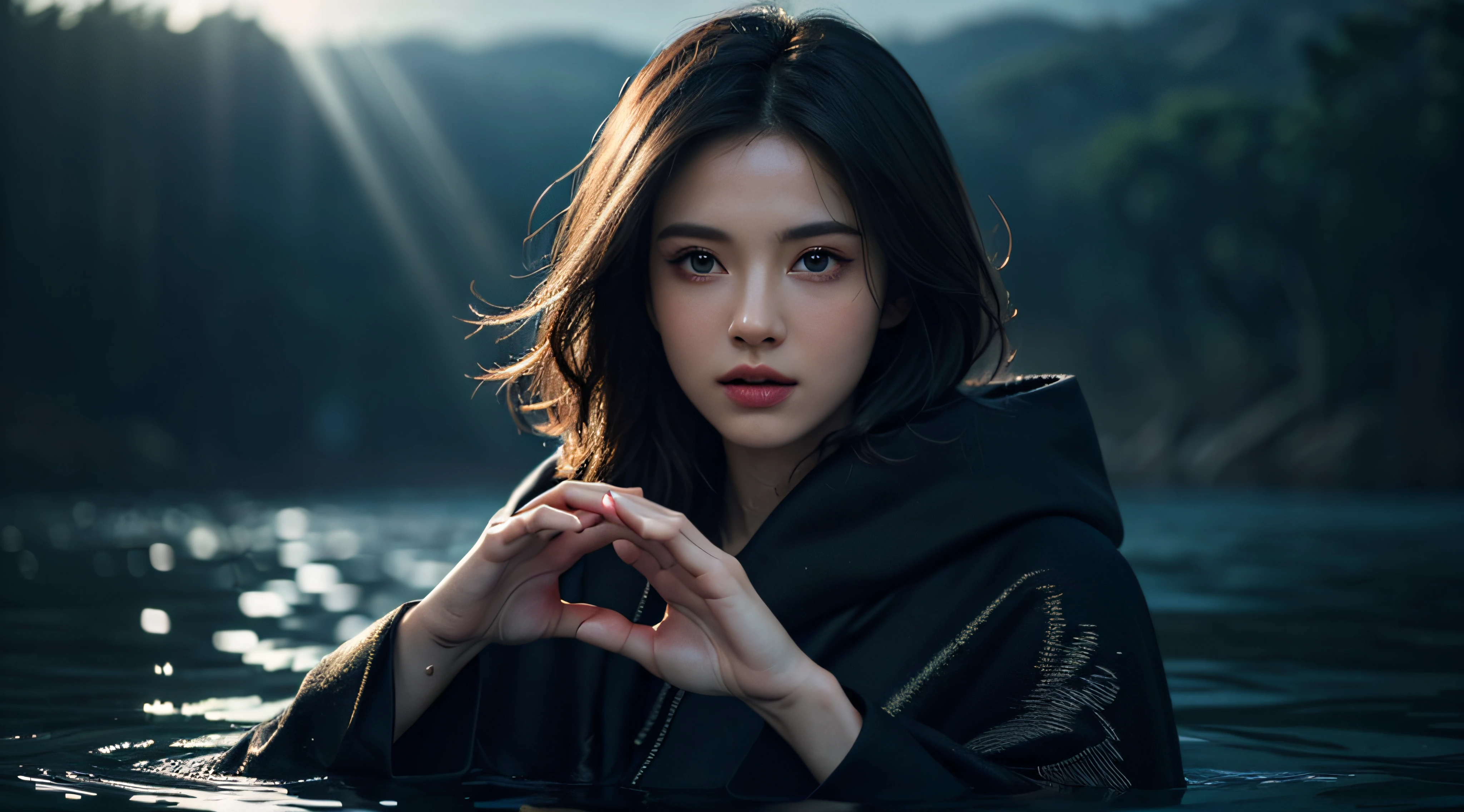 (skindentation:1.5), Realistic, Photorealistic, (masterpiece:1.5), concept art, intricate details, highly detailed, photorealistic, octane render, 8k, unreal engine, dynamic pose, best quality, highres, (realistic face:1.1), (hyperrealistic:1.1), ((full_body)), perfect eyes,(shiny skin:1.2), (((hairstyle))), (((perfect hands))), (extremely detailed background), haunted island, ((dynamic background)), ((lightning)), (light rays), (1girl), wearing cloak, (((flowing cloak))), ((detailed eyes, high quality eyes, high quality face)), long hair, (((flowing hairstyle))), 1girl ((controlling the water)), (((whirlwind of water))), ocean, tsunami, magic, (dramatic), epic, depth of field, bokeh, 4k, gothic, ((raining)), energyball between hands