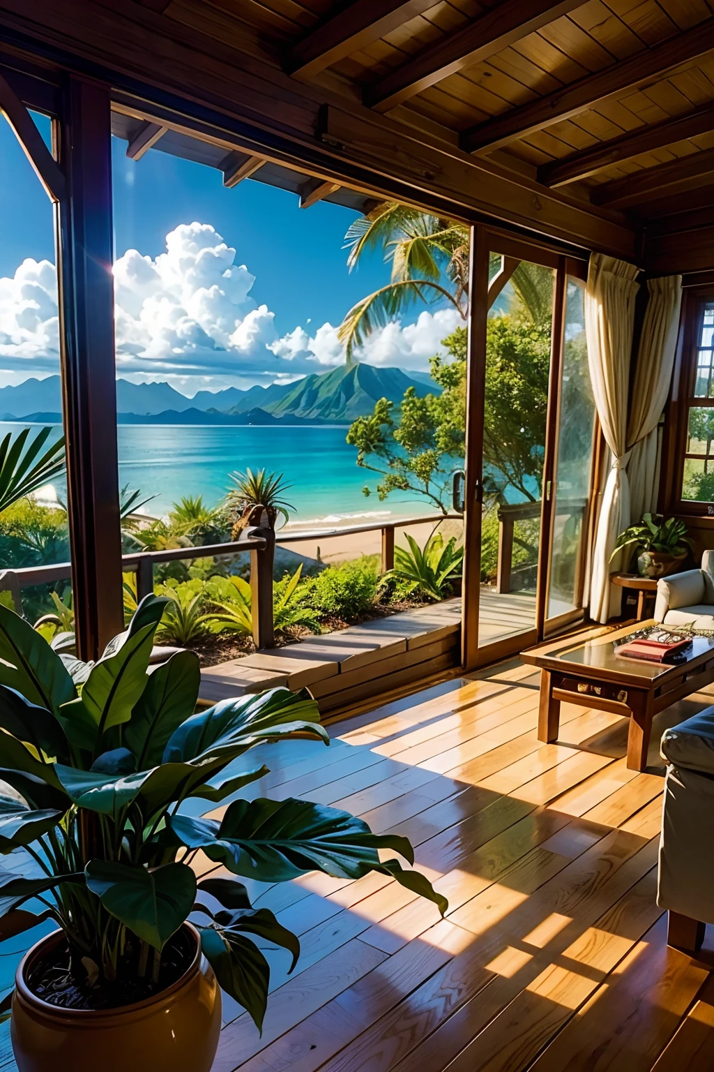 A room that belongs to a Hawaiian beauty, tropical plants, mood is warm, tropical, sensitive, soothing, artistry, happiness, caressing, emoting.