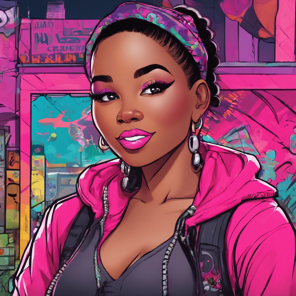 (best quality), big head, face happiness, (short girl with huge breasts:1.2) dark skinned girl in a punk outfit, in a graffiti street, from back, slightly chubby, two toned hair(black:1.3, neon pink:1.3), beanie with a skull logo, wide hips, big butt, thick thighs, crop top hoodie, fuchsia-colored shorts and torn leggings