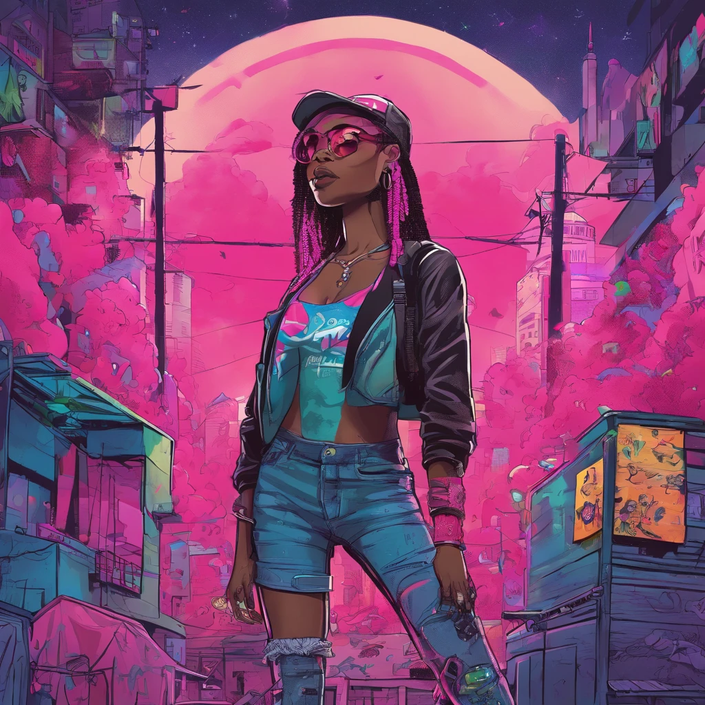 (best quality), big head, face happiness, (short girl with huge breasts:1.2) dark skinned girl in a punk outfit, in a graffiti street, from back, slightly chubby, two toned hair(black:1.3, neon pink:1.3), beanie with a skull logo, wide hips, big butt, thick thighs, crop top hoodie, fuchsia-colored shorts and torn leggings