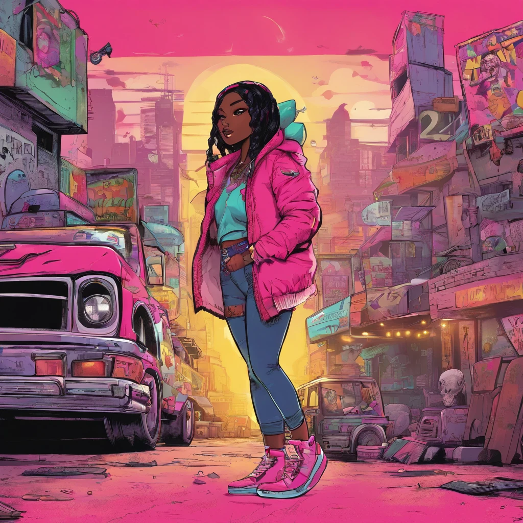 (best quality), big head, face happiness, (short girl with huge breasts:1.2) dark skinned girl in a punk outfit, in a graffiti street, from back, slightly chubby, two toned hair(black:1.3, neon pink:1.3), beanie with a skull logo, wide hips, big butt, thick thighs, crop top hoodie, fuchsia-colored shorts and torn leggings