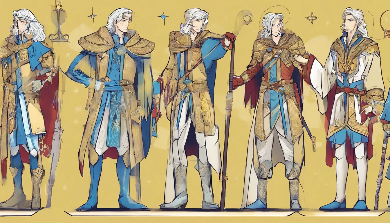 a detailed model sheet for a fantasy character. The character is a young wizard. He has long, silver hair that shimmers like the full moon, deep blue eyes, and a dark blue velvet robe with golden embroidery. He carries a magical staff with engraved runes and has a birthmark in the shape of a star on the left side of his face. The character is tall and slender, with an air of wisdom and power. include various full body poses, facial expressions, and costume details. Ensure that the style is consistent and impressive, as this will be the central character in our comic book
