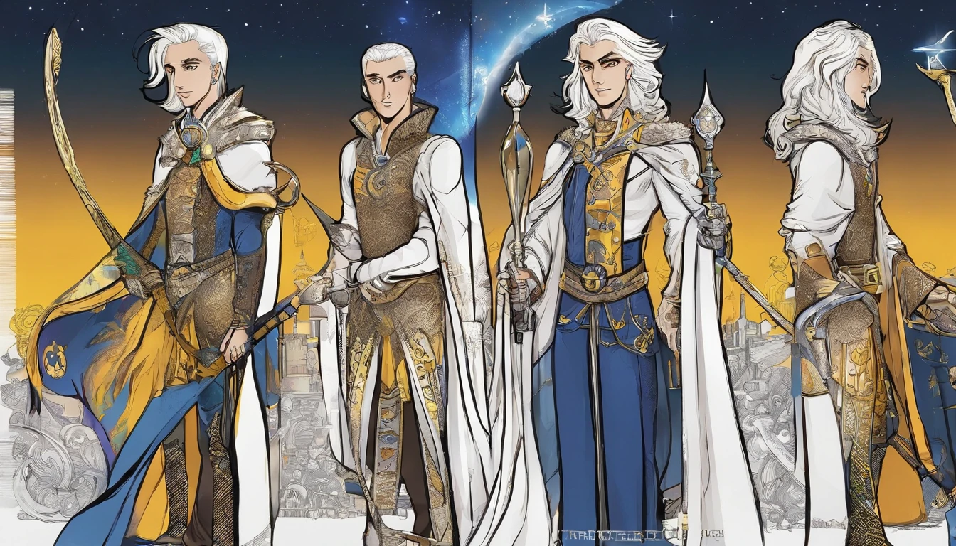 a detailed model sheet for a fantasy character. The character is a young wizard. He has long, silver hair that shimmers like the full moon, deep blue eyes, and a dark blue velvet robe with golden embroidery. He carries a magical staff with engraved runes and has a birthmark in the shape of a star on the left side of his face. The character is tall and slender, with an air of wisdom and power. include various full body poses, facial expressions, and costume details. Ensure that the style is consistent and impressive, as this will be the central character in our comic book