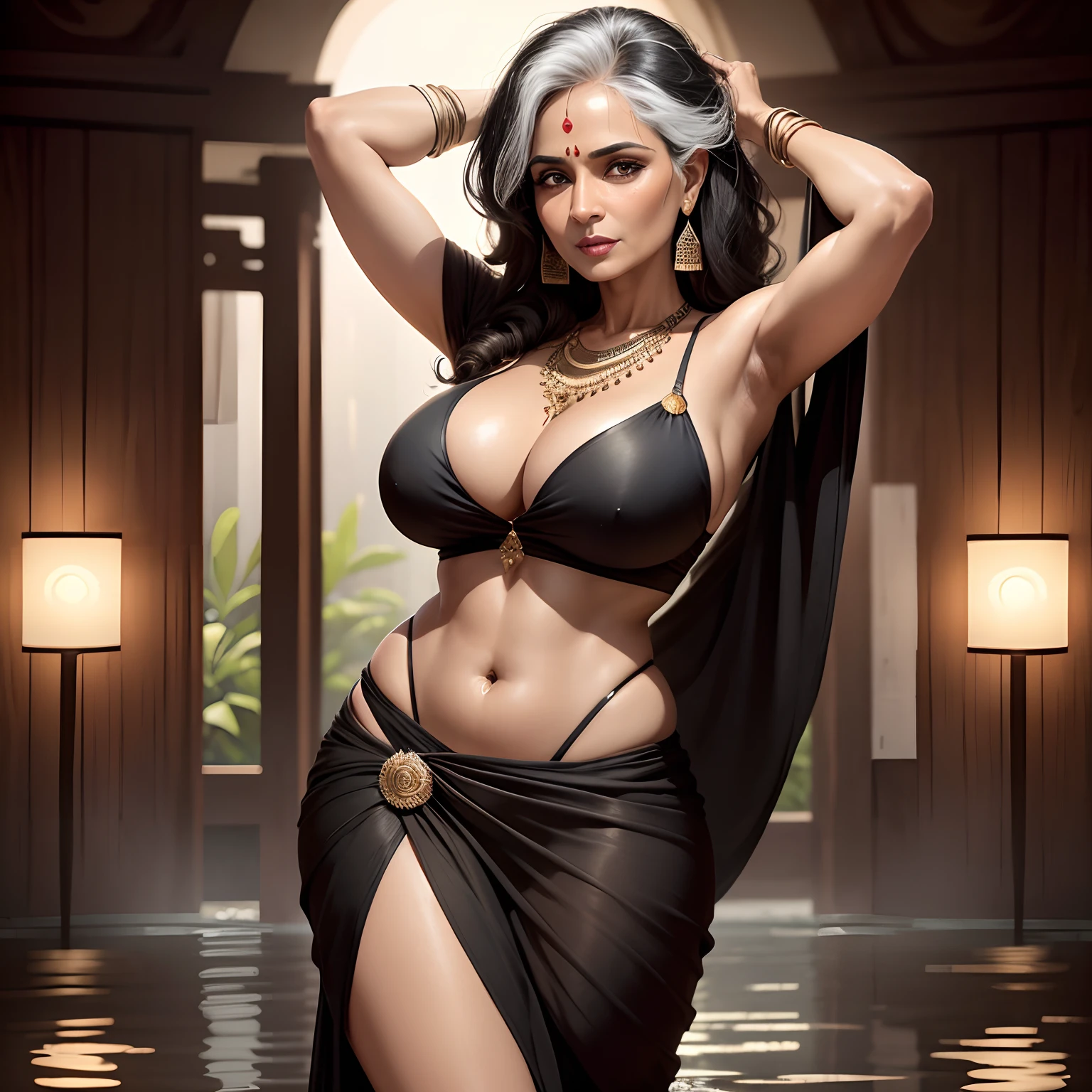 Mature woman, Indian woman, saree, deep navel, black saree, deep cleavage, 50 years old woman, sexy pose, armpit, brown skin, black and white hair, dark skin toon, looking at camera, standing, wet hair, wet belly, wet dress