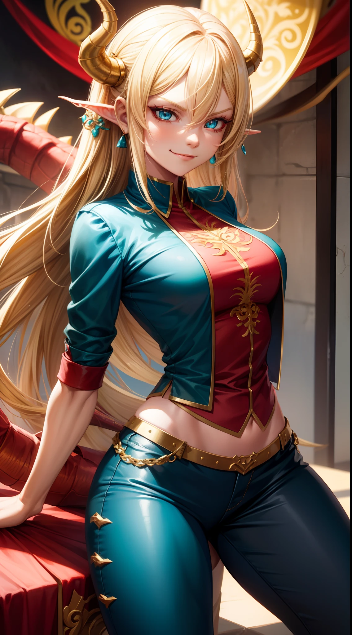 1 girl, medium breast, long blonde hair, red skirt, blue eyes. sexy face