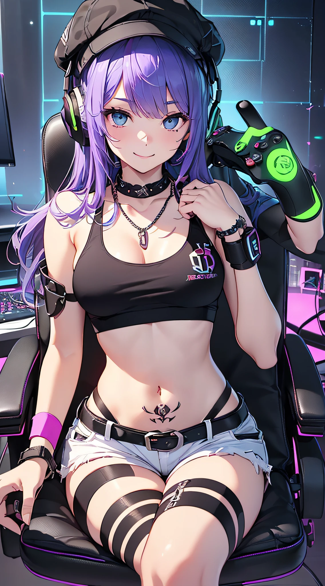 top-quality、Top image quality、​masterpiece、girl with((18year old、Cool hat、Tattoo on the right shoulder、Black Navel Tank Top、White shorts、Best Bust、Bust 85、Purple hair、Longhaire、Blue eyes、open chest wide、Happiness、Chain Accessories、Black wristband on wrist、sit a chair、A slender、A smile、Have a controller、Sexy Shots、gaming headphone、Backwards to the viewer)）hiquality、visualart、Magazine cover style、Background with((Neon colored room、Gaming PC、Gaming Desk、Gaming Chair、Gaming bed、gaming console))、masutepiece、Depth(ciber)