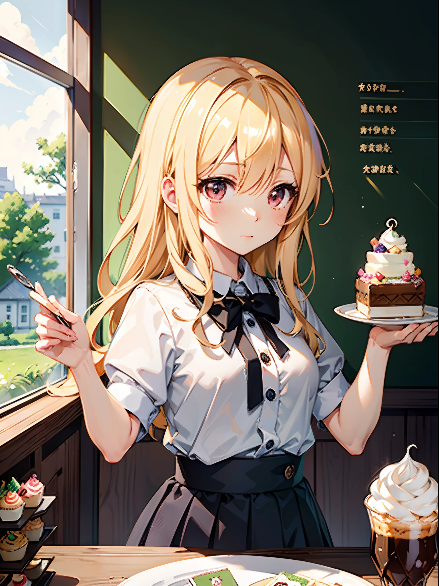 masutepiece, Highly detailed, (Chibi:1.3), , (1girl in), Blonde hair, Pastel colors, cosy atmosphere, Dessert Display Case, buttoning, cupcake, tart, a cake, Coffee machine, Chalkboard Menu, Natural lighting, Glass jar filled with candy, Frosted glazing, Decorative plate, Capricious decoration, Sugar sculpture,