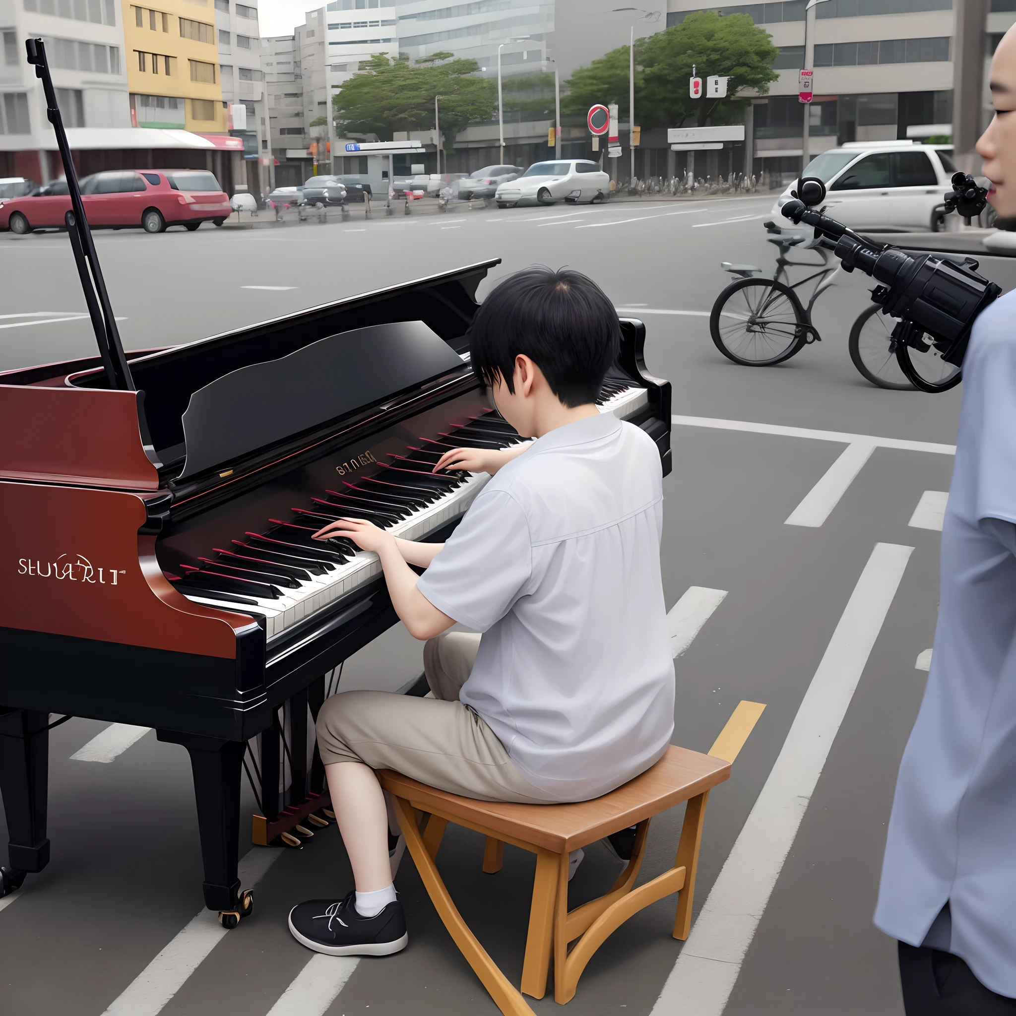 shoun、playing piano、In the middle of the intersection、Shooting with your smartphone