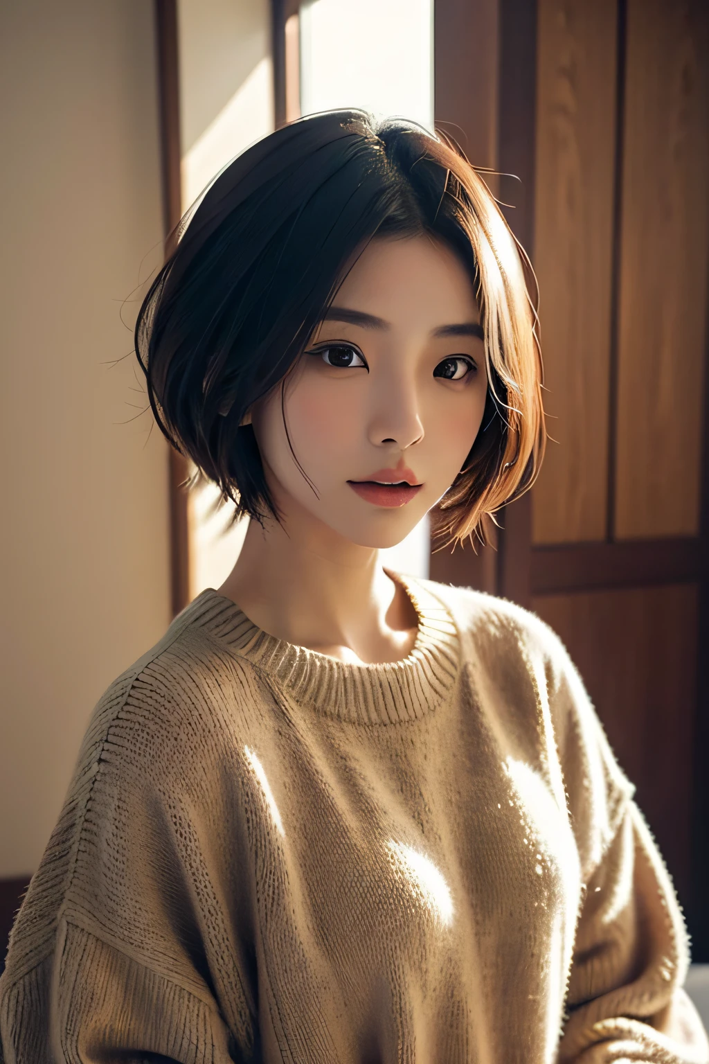 masutepiece, The highest image quality, High quality, Beautiful japanese girl, Cute, Gravure Idol Figure, Detailed, Detailed eyes, Detailed skin, Beautiful skin, Ultra High Resolution, (reality: 1.4),Very beautiful, Slightly younger face, Beautiful skin, slender, (A hyper-realistic), (hight resolution), (8K), (Very detailed) (beautifully detailed eyes), (super detailed), (Wallpaper), (Detailed face), Looking at Viewer, Fine details, Detailed face, Sad, sexy, Sweaters, Pants, Looking straight ahead, Looking straight ahead, angle from waist up, photos realistic, Bright lighting, Professional Lighting, Mature Woman, (Brown hair, Bob Hair, layers-Cut, Swaying in the wind, Bangs),