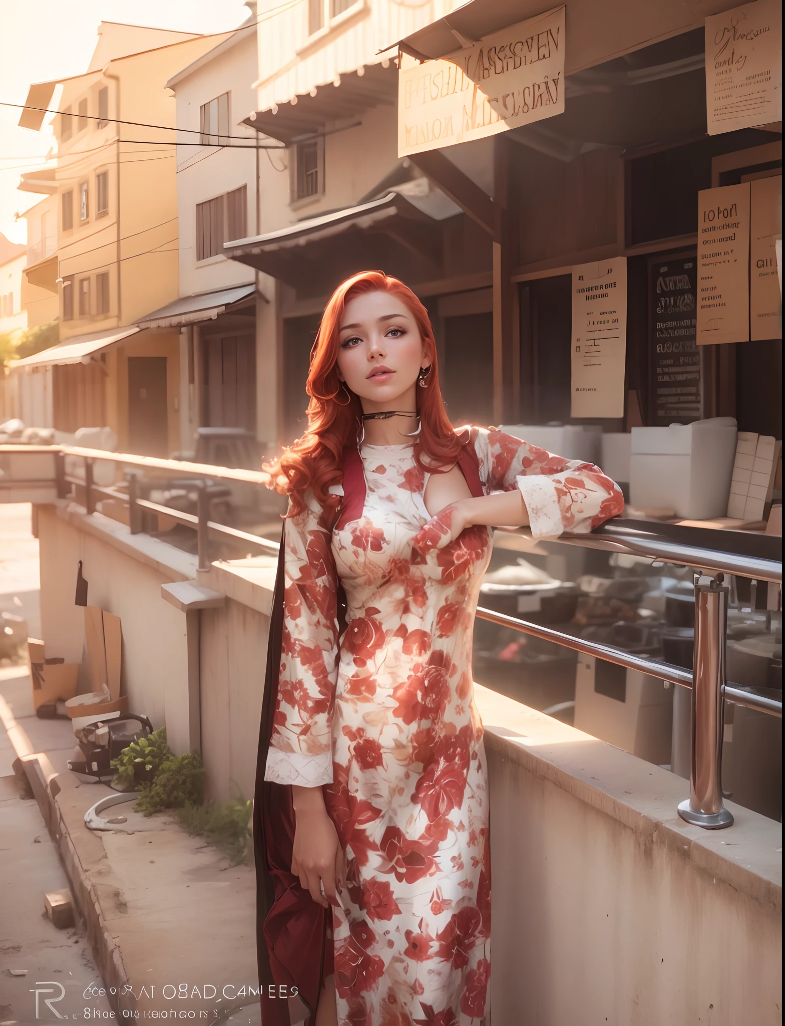 ((Realistic lighting, Best quality, 8K, Masterpiece: 1.3)), Clear focus: 1.2, 1girl, Perfect body beauty: 1.4, Slim abs: 1.1, ((Red hair, Milk: 1.3)), cowgirl pose, (Outdoor, daytime: 1.1), Country street, Super fine face, fine eyes, double eyelids, curly hair, fair skin, Big breasts, random color clothes