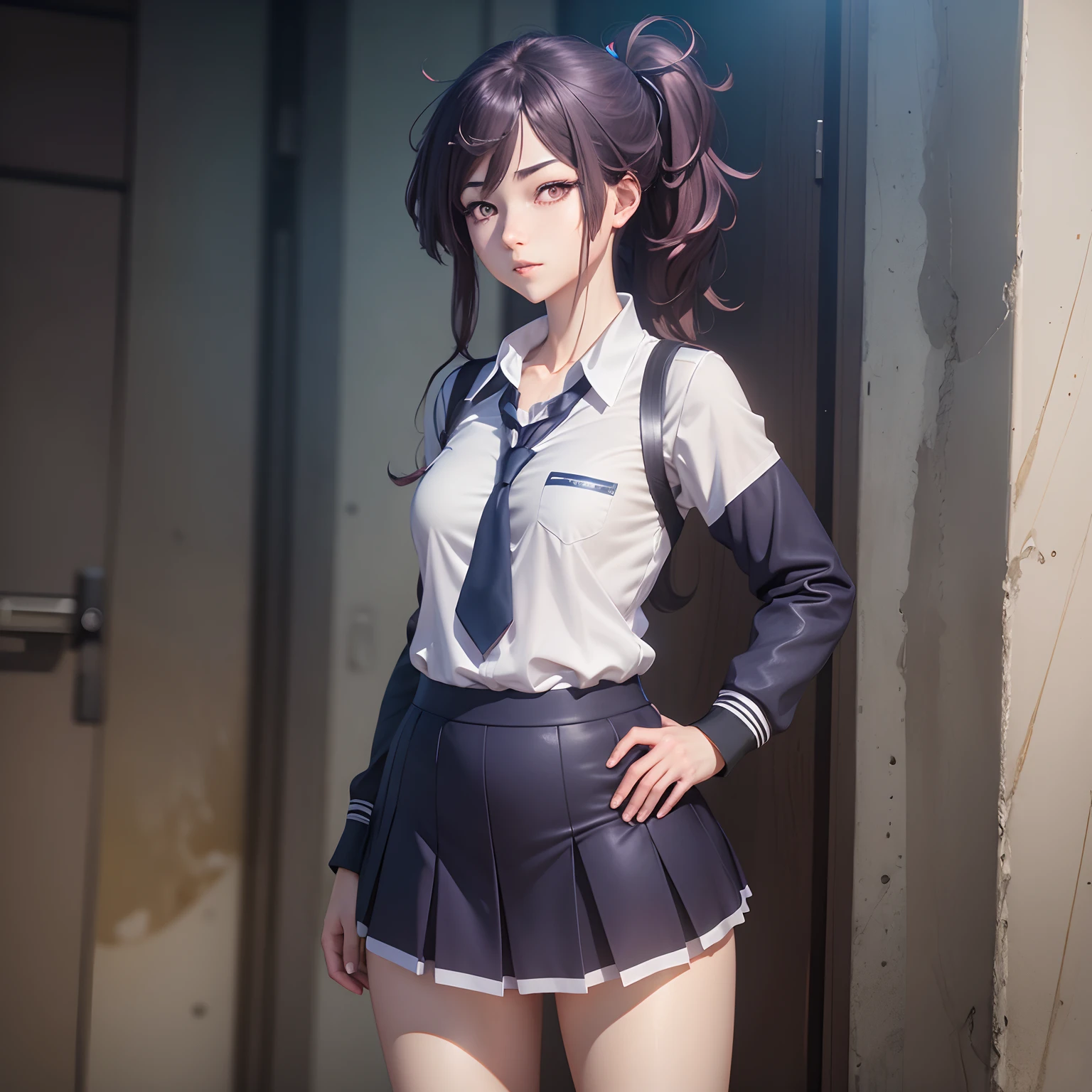 A captivating female anime character with a blissful expression, dressed in a school uniform, posed in a full body stance with ultra-detailed 3D rendering and a shimmering texture in ultra HD 8K hyper-realistic photo-realism.