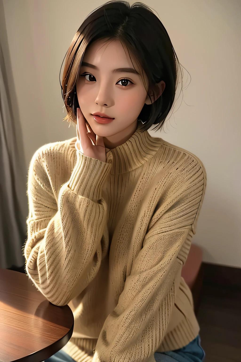 a close up of a woman in a sweater posing for a picture, Middle metaverse, 奈良美智, japanese model, beautiful asian girl, with short hair, 2 4 year old female model, 4 k ], 4k], 2 7 years old, sakimichan, sakimi chan