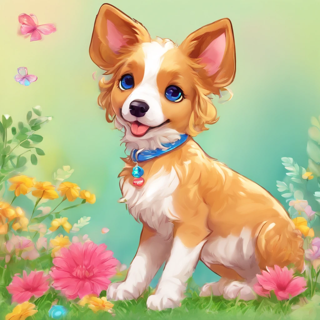 A dog with a bow on its head is sitting on the ground, Displaying Pata, full bodyesbian, Adorable Digital Paint, beautiful digital art, Beautiful detailed digital art, prety dog, painting of cute dog, kawaii cute dog, Beautiful detailed art, Clean portrait, digital cartoon painting art, Digital Cartoon Painting, Cute art, Lori, Cute ears, Nice Cartunesco, pet animal, kawaii realistic portrait