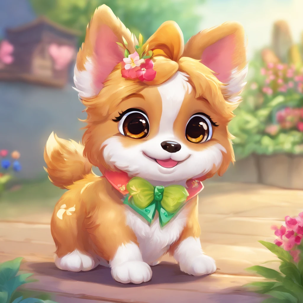 A dog with a bow on its head is sitting on the ground, Displaying Pata, full bodyesbian, Adorable Digital Paint, beautiful digital art, Beautiful detailed digital art, prety dog, painting of cute dog, kawaii cute dog, Beautiful detailed art, Clean portrait, digital cartoon painting art, Digital Cartoon Painting, Cute art, Lori, Cute ears, Nice Cartunesco, pet animal, kawaii realistic portrait