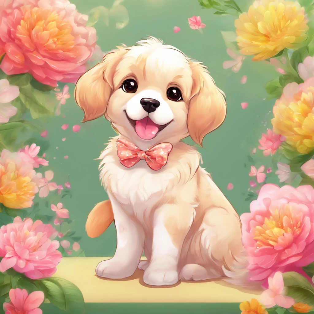 A dog with a bow on its head is sitting on the ground, Displaying Pata, full bodyesbian, Adorable Digital Paint, beautiful digital art, Beautiful detailed digital art, prety dog, painting of cute dog, kawaii cute dog, Beautiful detailed art, Clean portrait, digital cartoon painting art, Digital Cartoon Painting, Cute art, Lori, Cute ears, Nice Cartunesco, pet animal, kawaii realistic portrait