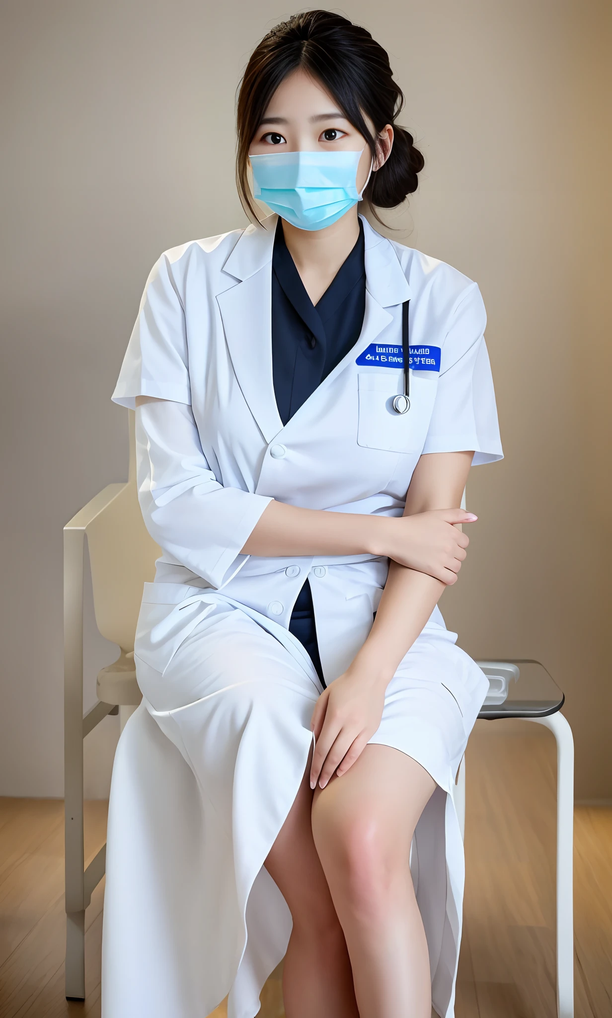 Woman in white frosted suit wearing mask, wearing white nurse uniform, healthcare worker, Wear a nurse's uniform in the hospital, Sit tight,（（（Stand in the waiting room,  Stand dignified））），Portrait of a nurse, Beautiful nurse， resting after a hard mission, BREAK BREAK BREAK, The woman was standing, doctor, resting after a hard fight，Messy（（（short detailed hair））），Messy hair，Rounded and well-proportioned legs，（（（Smooth black stockings:1.5））），（（（Stiletto sandals:0.8））），Glowing white tender toes，（（Stand dignified:1.5）），fully body photo