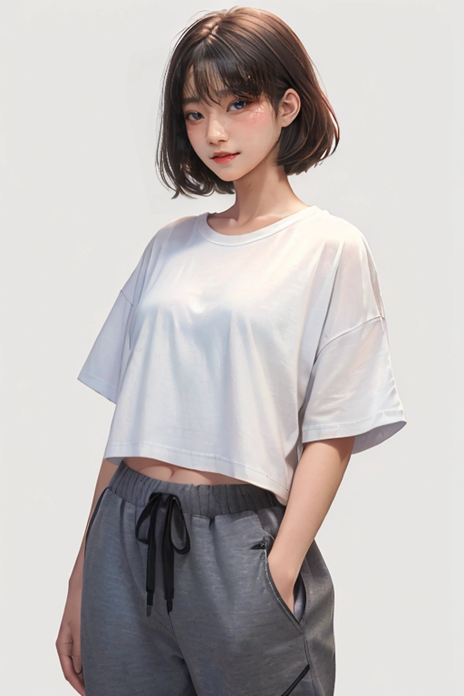 HDR, masterpiece,vintage,RTX,(masterpiece, best quality:1.2), profile shot, solo, 1girl, (oversize clothing,baggy, white plain t-shirt, longline tee:1.2), jogger pants,white seamless background, symetric:1.2,frontal shot:1.2,look at viewer,