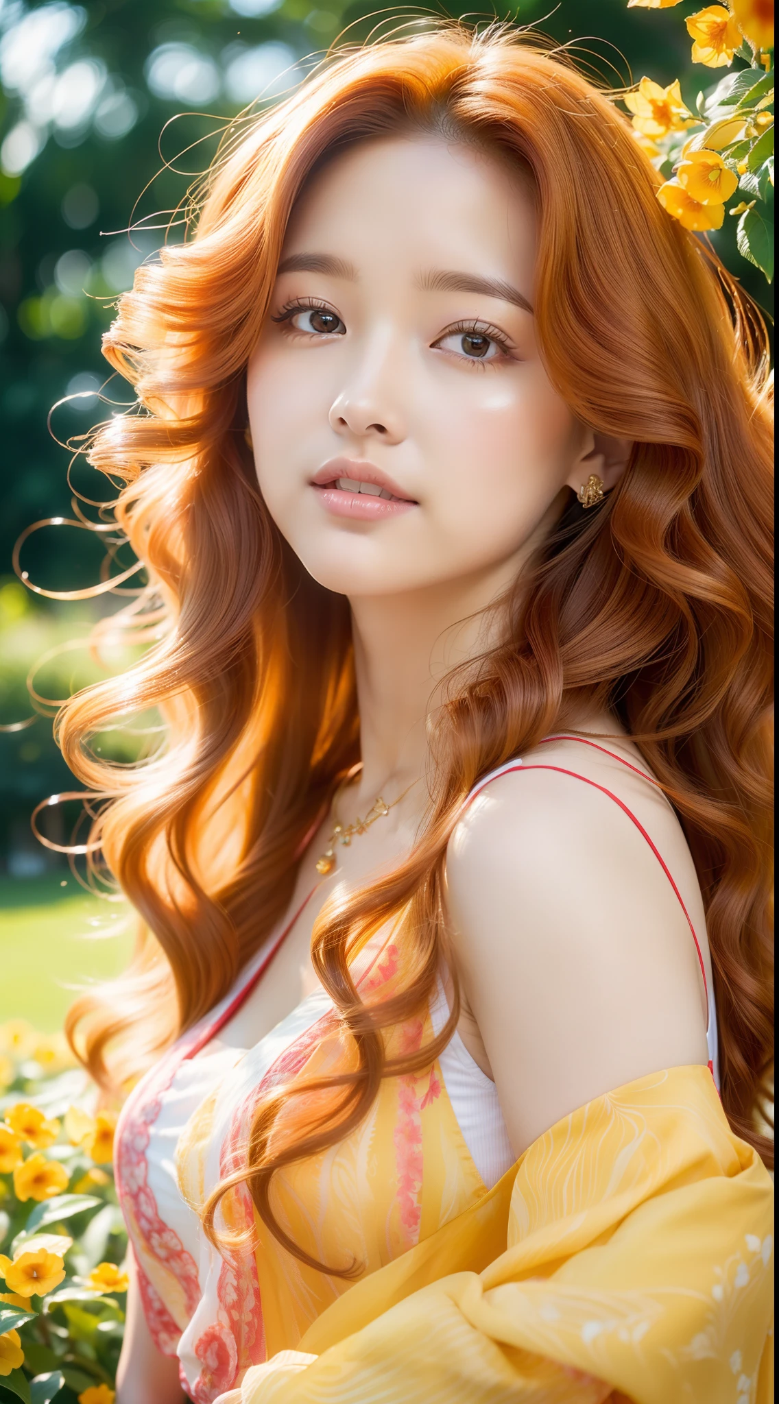 (Best quality,high resolution,Ultra-detailed:1.2),Beautiful golden to red gradient wavy curls fluttering in the breeze, Vibrant flowers in the background of the park, Close-up shot,
