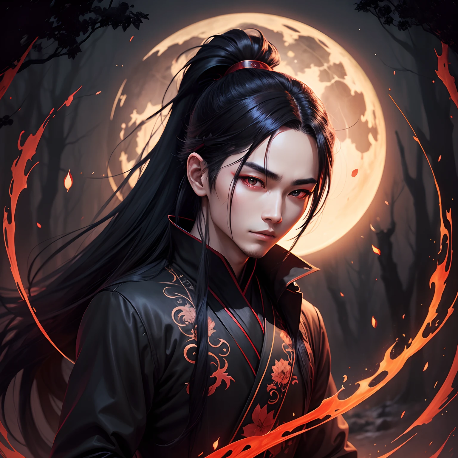anime painting, gothic, dark sinister forest, night, moon, moonlight, male character, young asian, transverse black flute, black hanfu with red border, perfect face, long hair tied in a ponytail, glowing red eyes, , Mysterious