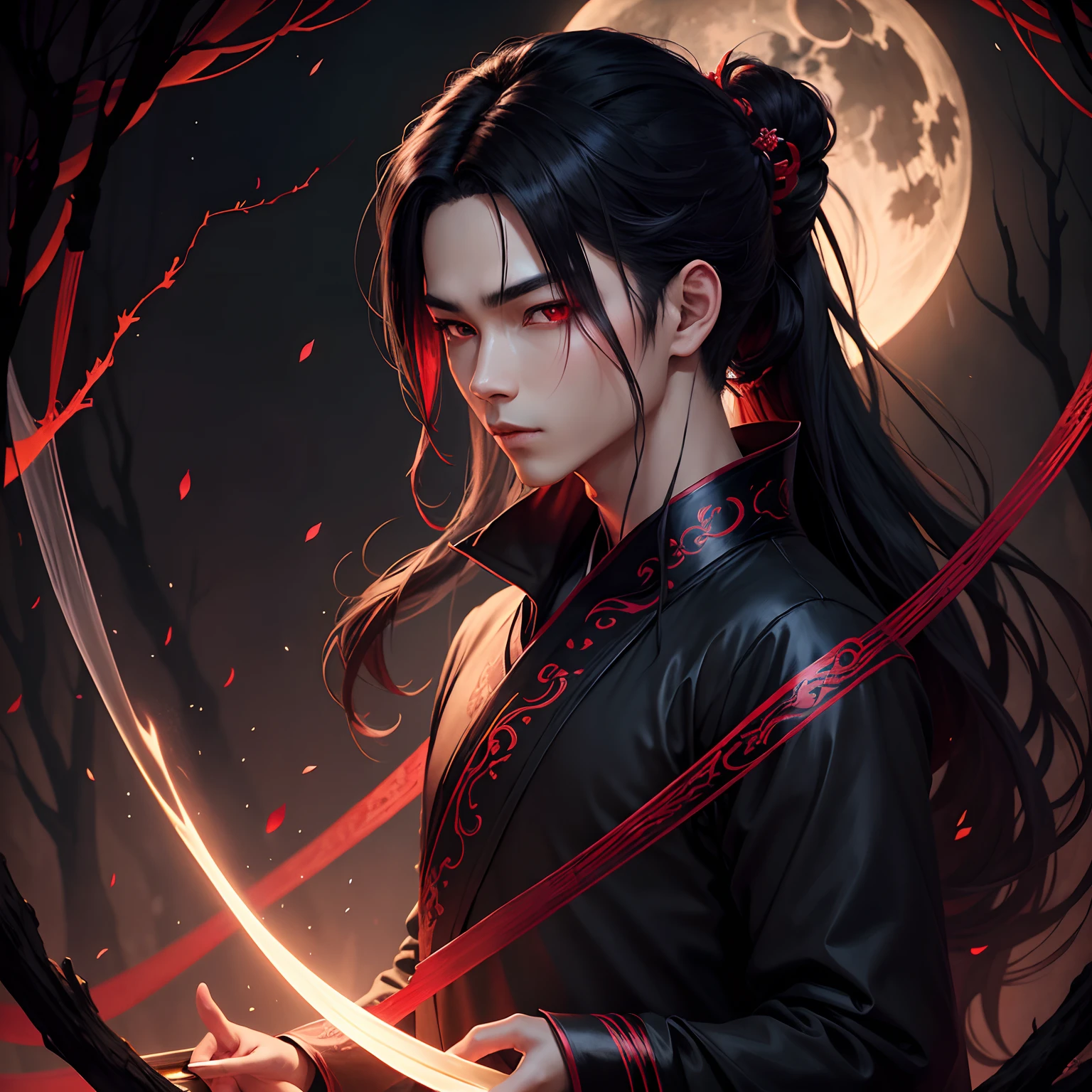 anime painting, gothic, dark sinister forest, night, moon, moonlight, male character, young asian, transverse black flute, black hanfu with red border, perfect face, long hair tied in a ponytail, glowing red eyes, , Mysterious