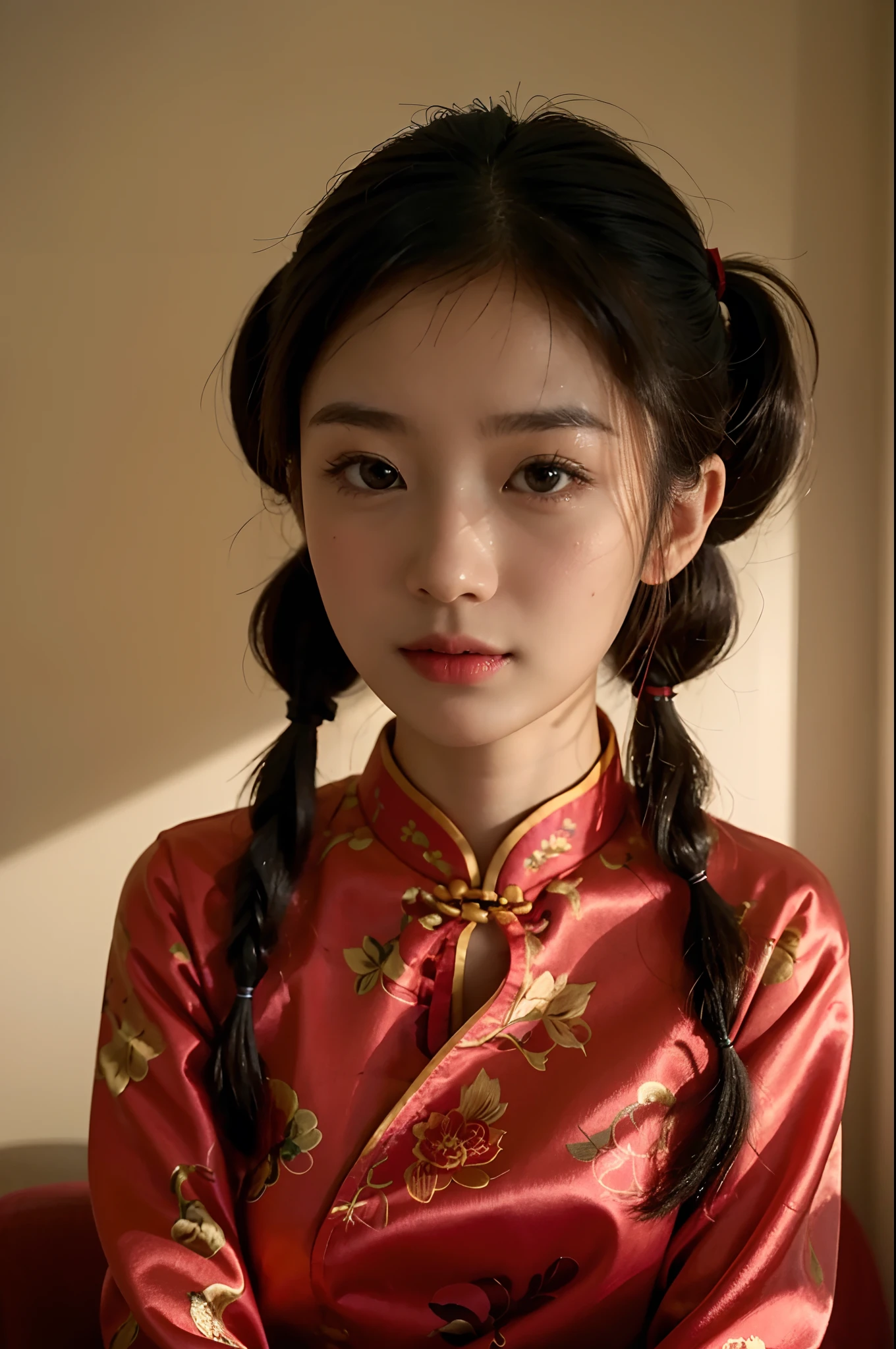 there is a woman that is sitting down in a room, 8k selfie photograph, portrait shot 8 k, soft portrait shot 8 k, wearing a red cheongsam, young cute wan asian face, pigtails hairstyle, 🤤 girl portrait, two pigtails hairstyle, taken with sony alpha 9, very very low quality picture, a young asian woman