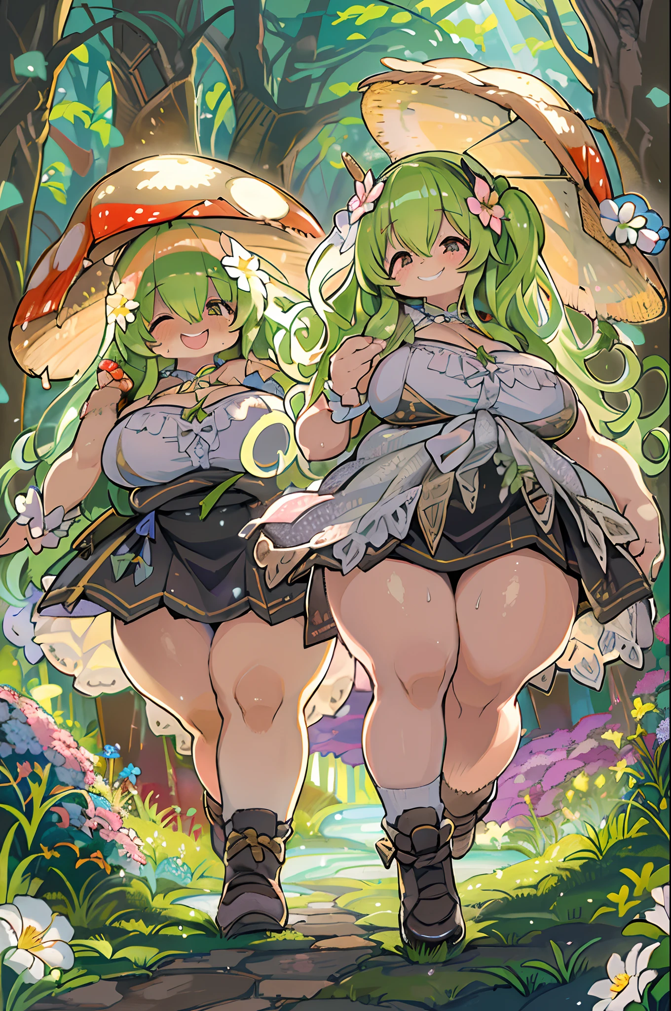 eyesight, (Three Lolitas: 2) Stable diffusion is the best image quality, morning sunlight, Spring landscape, Dew and flowers, flying hair, Live in a fairytale dreamland with mushrooms, trip, Running, and laughing. forest pathway,huge-breasted、bbw,Large Thigh