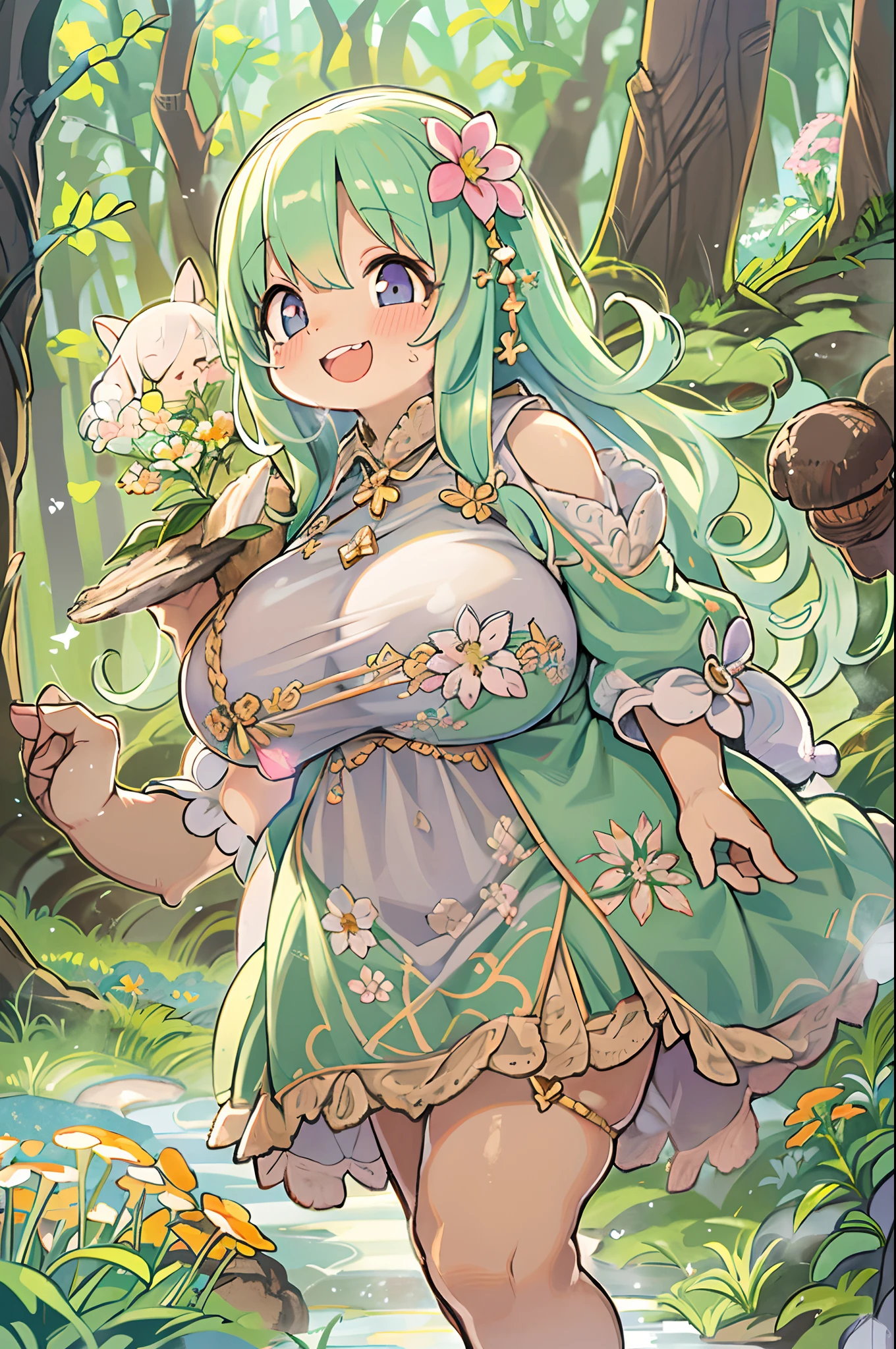 eyesight, (Three tas: 2) Stable diffusion is the best image quality, morning sunlight, Spring landscape, Dew and flowers, flying hair, Live in a fairytale dreamland with mushrooms, trip, Running, and laughing. forest pathway,huge-breasted、bbw,Large Thigh