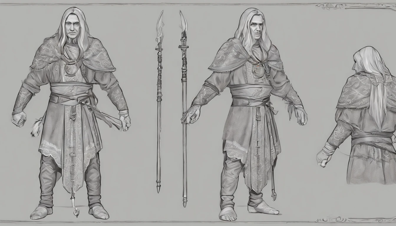 a detailed model sheet for a fantasy character. The character is a young wizard. He has long, silver hair that shimmers like the full moon, deep blue eyes, and a dark blue velvet robe with golden embroidery. He carries a magical staff with engraved runes and has a birthmark in the shape of a star on the left side of his face. The character is tall and slender, with an air of wisdom and power. include various full body poses, facial expressions, and costume details. Ensure that the style is consistent and impressive, as this will be the central character in our comic book
