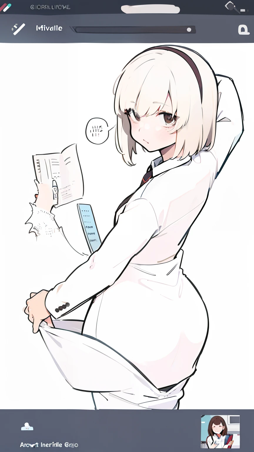 (Alone:1.5),(Woman1),(pretty),(hot slender body),(anime hentai2d),(Skin color Dark:1.5),(Long white hair that goes all the way to ass and white eyes),(black eyes),(sexy thin mouth),(Big ass:1.5),(hypinating ass to the fourth wall:1.5),(big breasts:1.5),(wearing),+,(A tight straight pencil skirt that highlights his big ass And a white blouse With a neckline in the middle of her big breasts)