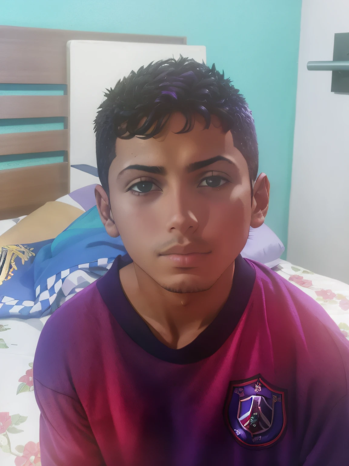 There's a boy sitting on a bed in a purple shirt, mateus 9 5, Jose Miguel Romano Francisca, Alex, Reyyan, Riyahd Cassiem, Mohamed Chahin, Carmelo Blandino, Mohamed Reda, Directed by: Nandor Soldier, Ronaldo Luis Nazario de Lima, caio santos
