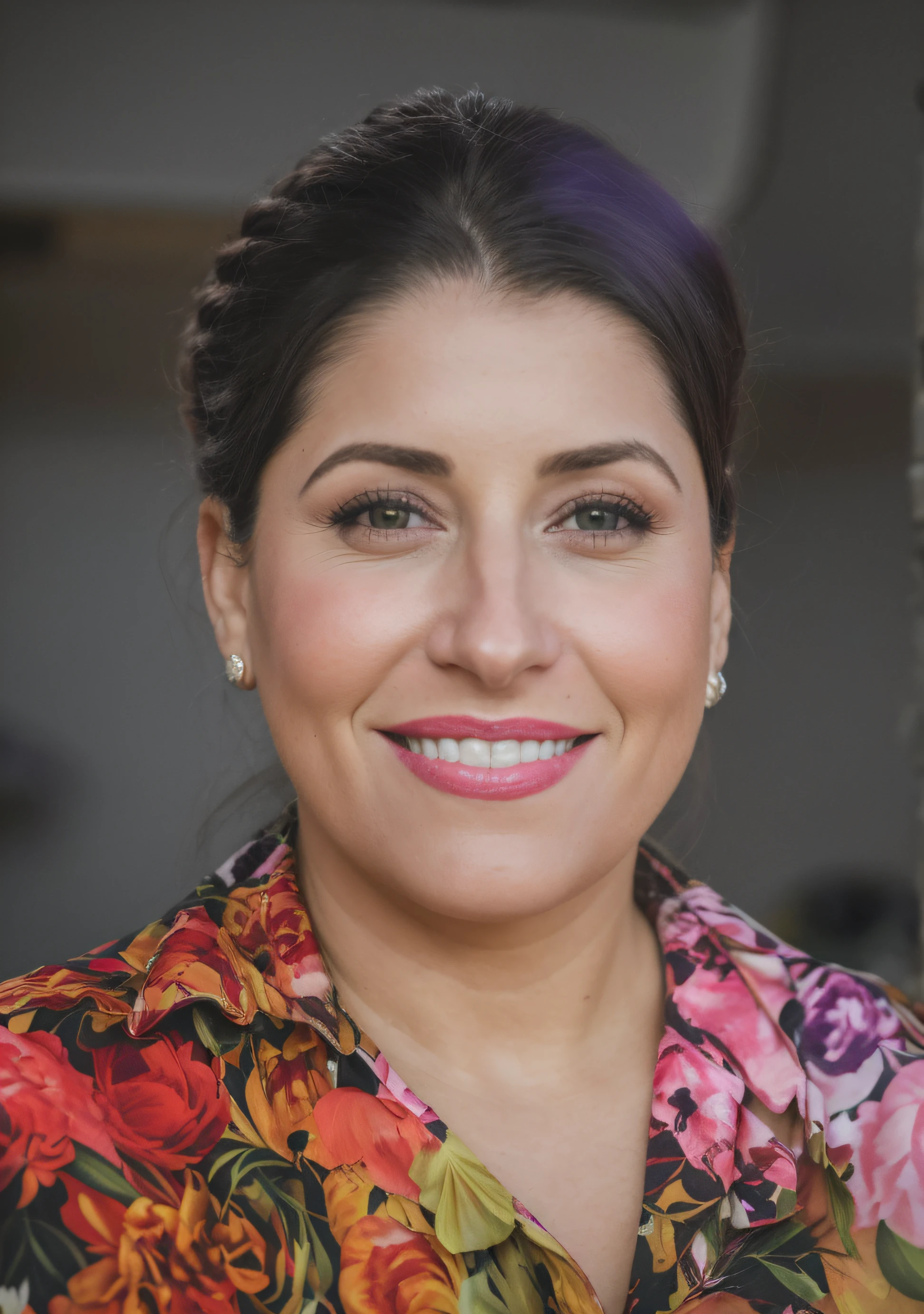 Un primer plano de una mujer con una camisa floreada sonriendo, alanis guillen, lorena avarez, Foto de primer plano profesional, Faridah Malik, Karla Ortiz, Magda Torres Gurza, pilar gogar, Foto profesional detallada, photography portrait, foto de la cabeza, estefania villegas burgos, fernanda suarez, roxie vizcarra, imagen vertical 8k