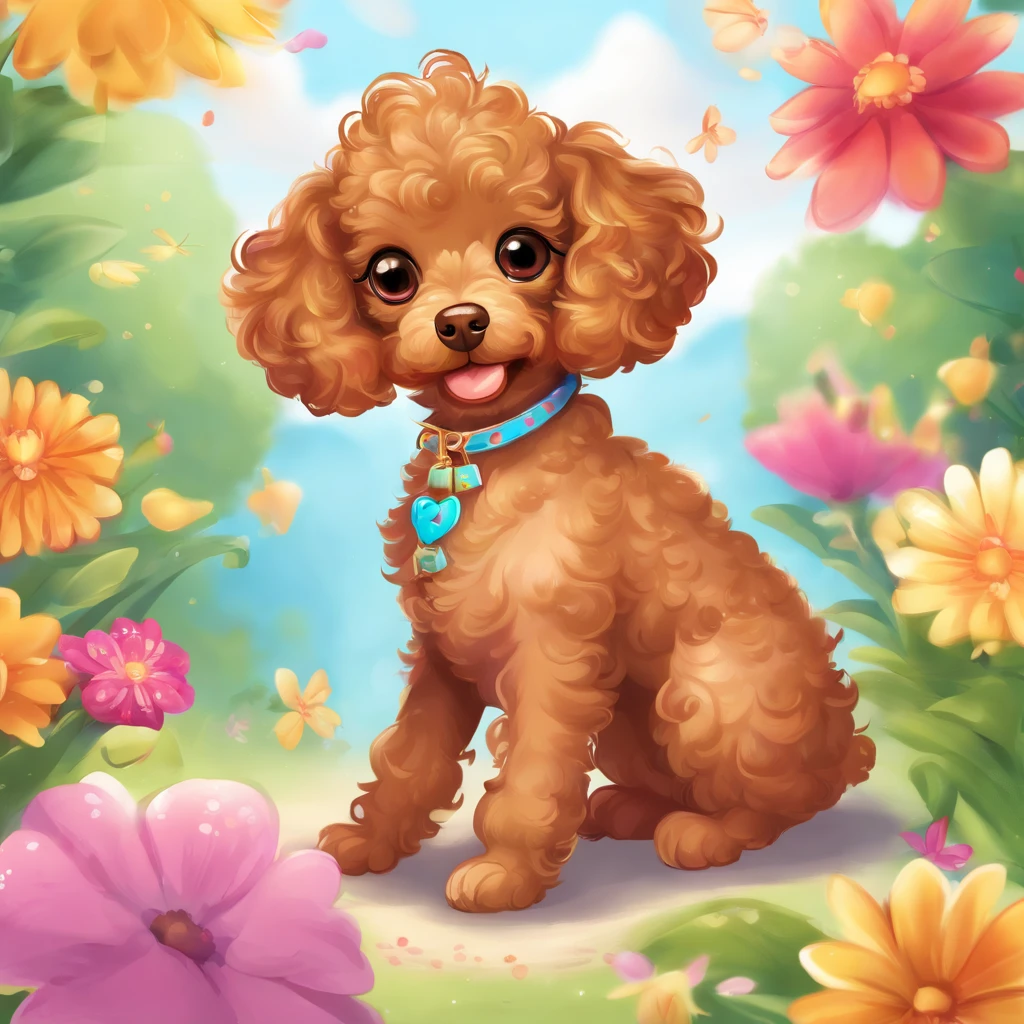 A cute brown toy poodle is sitting on the ground, Displaying Pata, full bodyesbian, Adorable Digital Paint, beautiful digital art, Beautiful detailed digital art, prety dog, painting of cute dog, kawaii cute dog, Beautiful detailed art, Clean portrait, digital cartoon painting art, Digital Cartoon Painting, Cute art, Lori, Cute ears, Nice Cartunesco, pet animal, kawaii realistic portrait