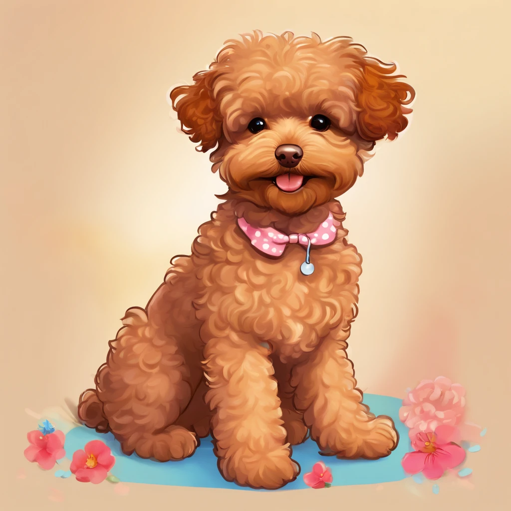 A cute brown toy poodle is sitting on the ground, Displaying Pata, full bodyesbian, Adorable Digital Paint, beautiful digital art, Beautiful detailed digital art, prety dog, painting of cute dog, kawaii cute dog, Beautiful detailed art, Clean portrait, digital cartoon painting art, Digital Cartoon Painting, Cute art, Lori, Cute ears, Nice Cartunesco, pet animal, kawaii realistic portrait