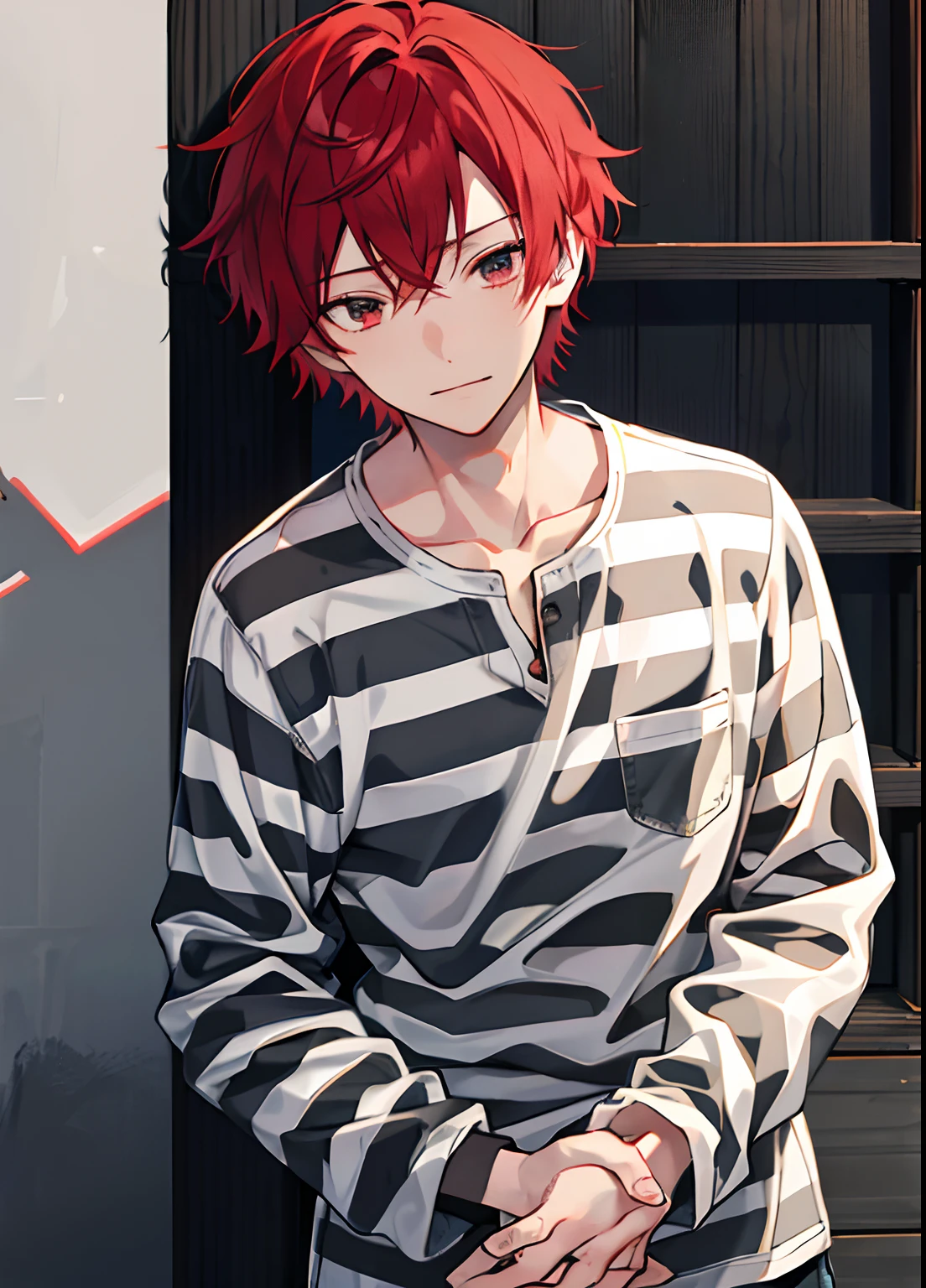1boy, Handsome man,  Solo,Very short red hair, red hair, up looking_で_viewer, ((masutepiece,Best Quality)), Beautiful detailed eyes, beautifull detailed face、Sleepy face、sleepy expression、A slight smile, (((priclothes))), (((striped clothes))), shirt, outfit, (long sleeves), prisoner, clothes, clothing, black and white stripes, prison cell