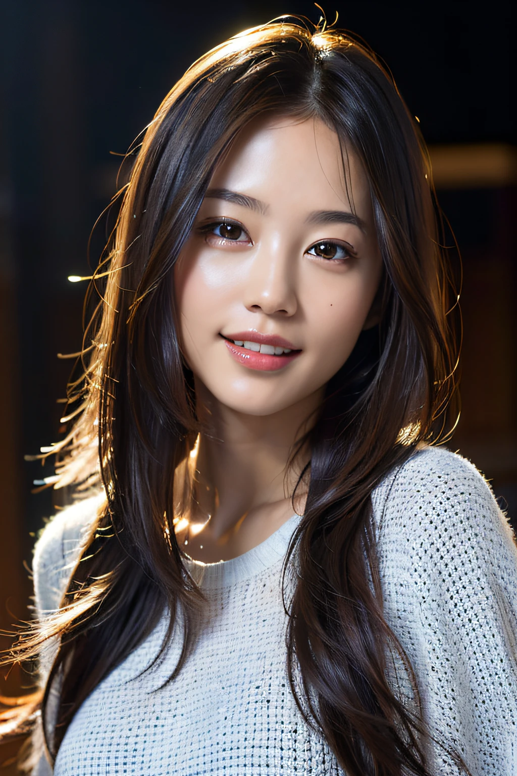 table top, highest quality, realistic, Super detailed, finely, High resolution, 8k wallpaper, 1 beautiful woman,, light brown messy hair, wearing a business suit, sharp focus, perfect dynamic composition, finelyて美しい目, thin hair, Detailed and realistic skin texture, smile, close-up portrait, model body shape