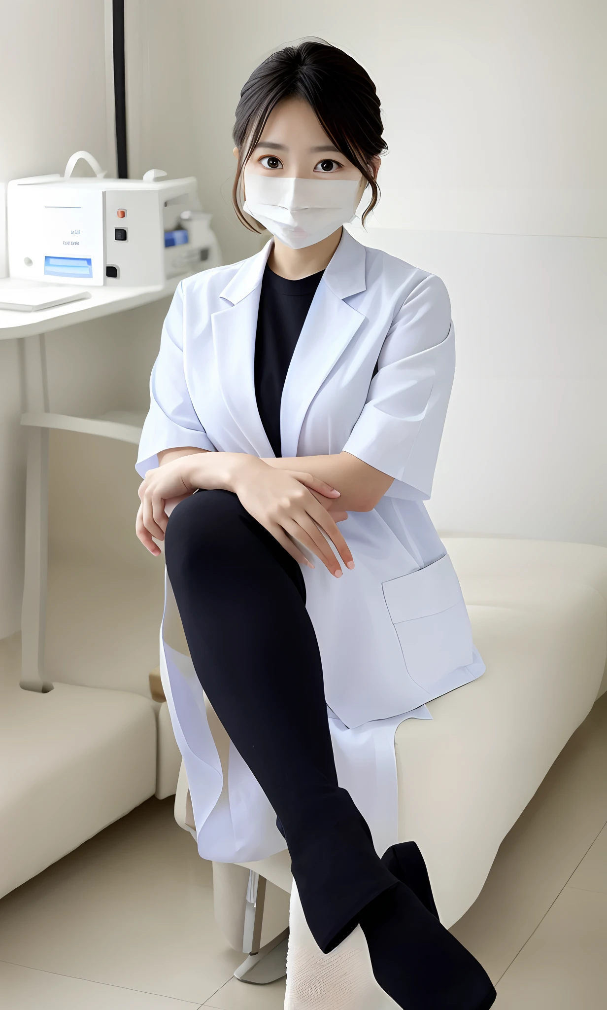 Woman in white frosted suit wearing mask, wearing white nurse uniform, healthcare worker, Wear a nurse's uniform in the hospital, Sit tight,（（（Stand in the waiting room,  Stand dignified））），Portrait of a nurse, Beautiful nurse， resting after a hard mission, BREAK BREAK BREAK, The woman was standing, doctor, resting after a hard fight，Messy（（（short detailed hair））），Messy hair，Rounded and well-proportioned legs，（（（Smooth black stockings:1.5））），（（（Stiletto sandals:0.8））），Glowing white tender toes，（（Stand dignified:1.5）），fully body photo