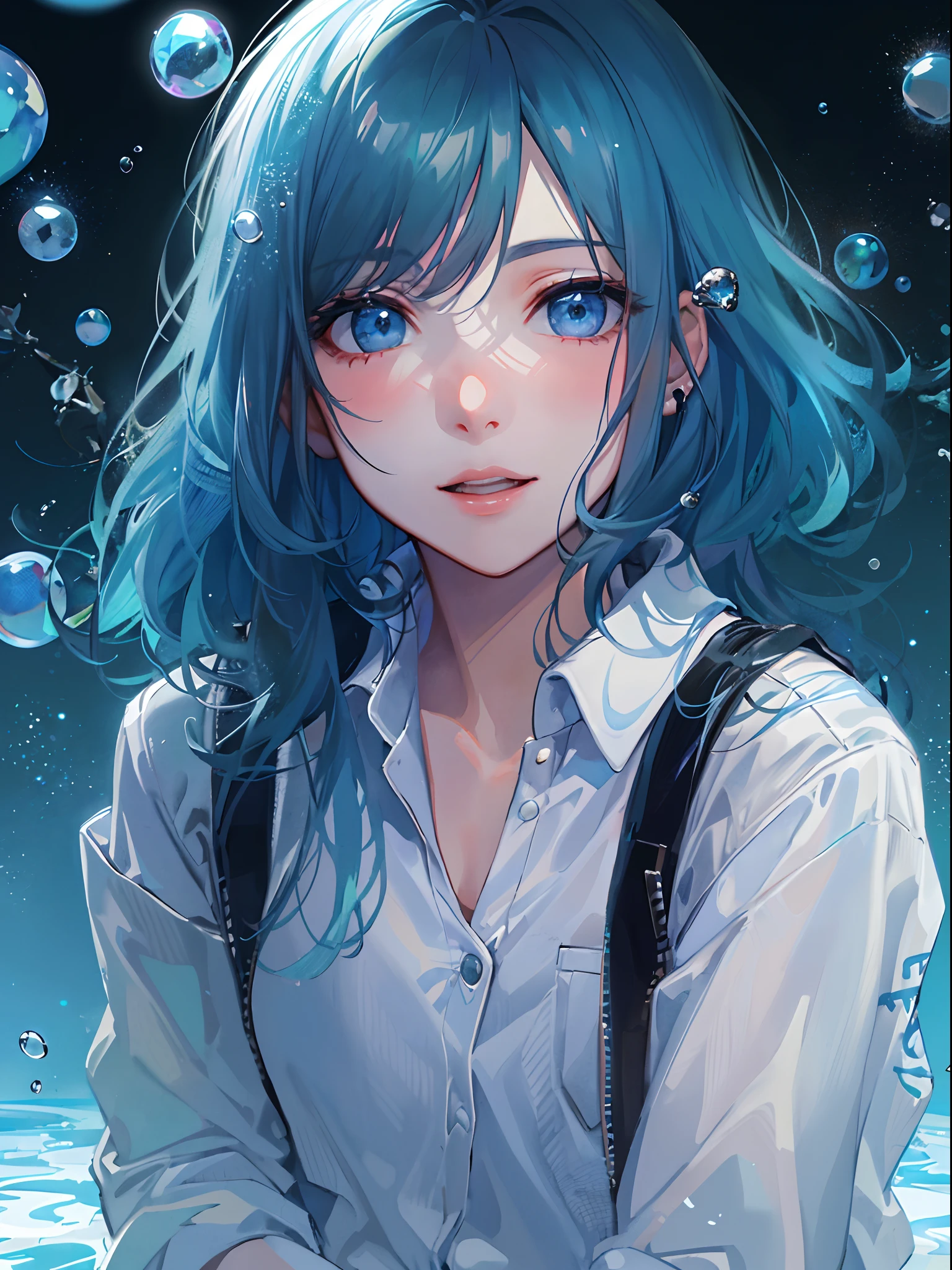 ((top-quality)), ((masterpiece)), ((ultra-detailliert)), (extremely delicate and beautiful), girl with, 独奏, cold attitude,((Black jacket)),She is very(relax)with the(Settled down)Looks,A dark-haired, depth of fields,evil smile,Bubble, under the water, Air bubble,bright light blue eyes,Inner color with black hair and light blue tips,Cold background,Bob Hair - Linear Art, shortpants、knee high socks、White uniform like school uniform、Light blue ribbon ties、Clothes are sheer、Hands in pockets、Bright eyes like sapphires,flourescent blue, There was a little blue light floating around