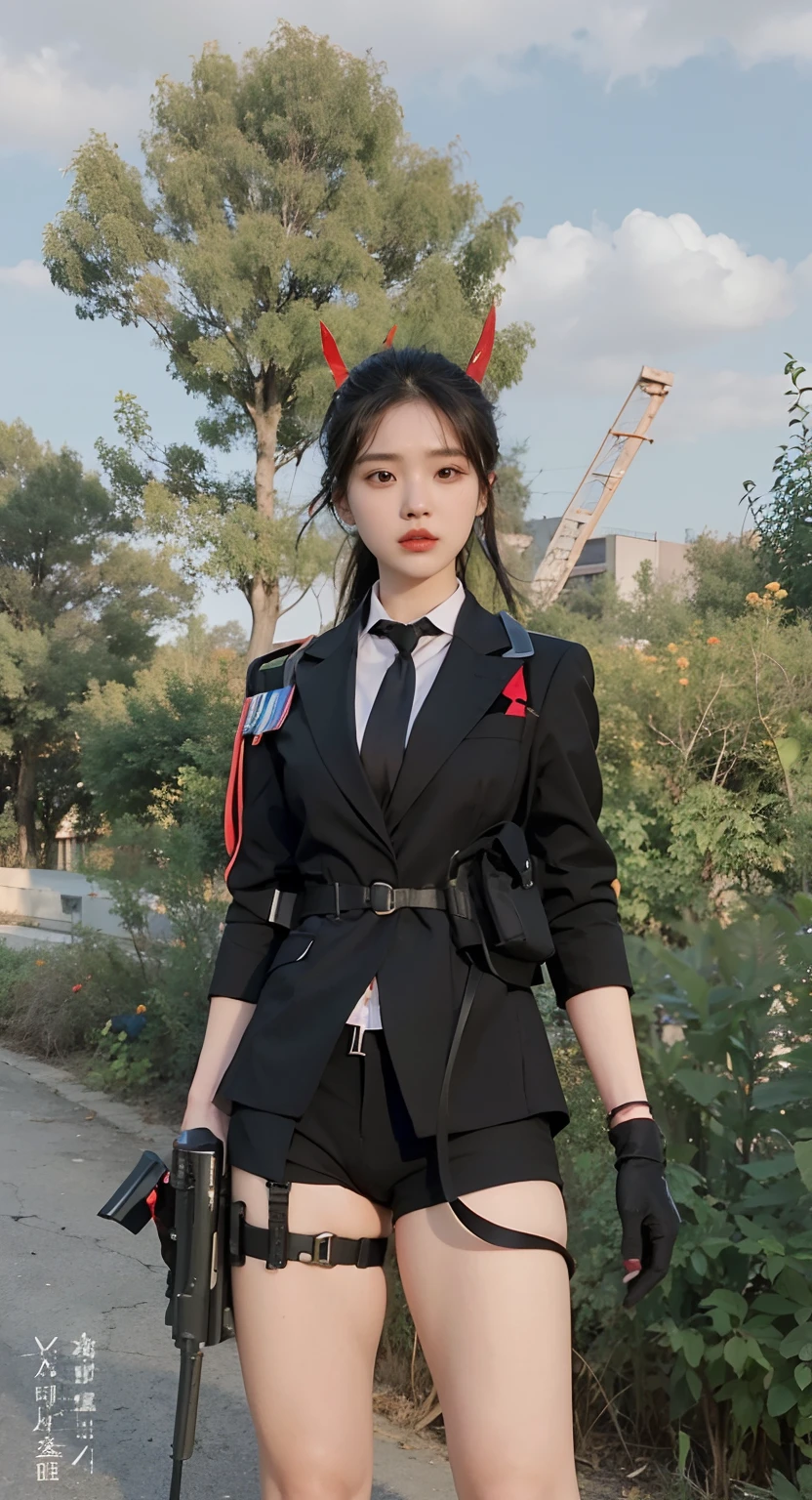 there is a woman in a suit and tie holding a gun, iu lee ji-eun as a super villain, wearing a black noble suit, jk uniform, girl in suit, in black uniform, girl in a suit, professional cosplay, full body xianxia, wearing a black and red suit, girls frontline style, black and red suit, girl wearing uniform