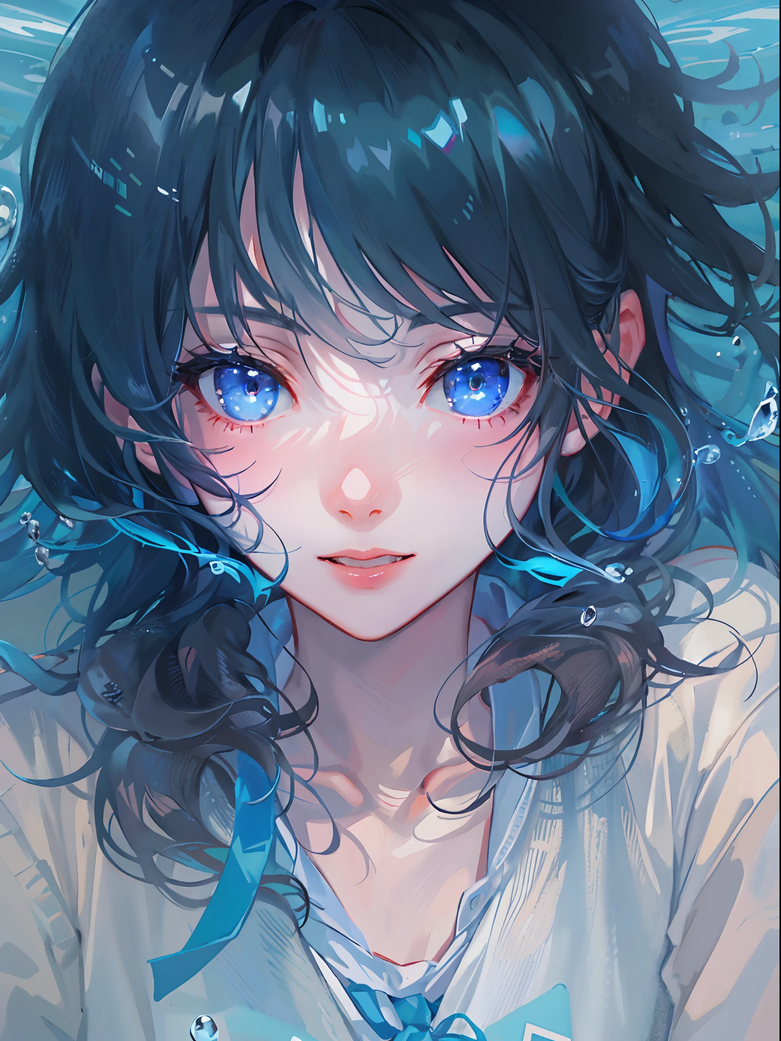 ((top-quality)), ((masterpiece)), ((ultra-detailliert)), (extremely delicate and beautiful), girl with, 独奏, cold attitude,((Black jacket)),She is very(relax)with the(Settled down)Looks,A dark-haired, depth of fields,evil smile,Bubble, under the water, Air bubble,bright light blue eyes,Inner color with black hair and light blue tips,Cold background,Bob Hair - Linear Art, shortpants、knee high socks、White uniform like school uniform、Light blue ribbon ties、Clothes are sheer、Hands in pockets、Bright eyes like sapphires,flourescent blue, There was a little blue light floating around