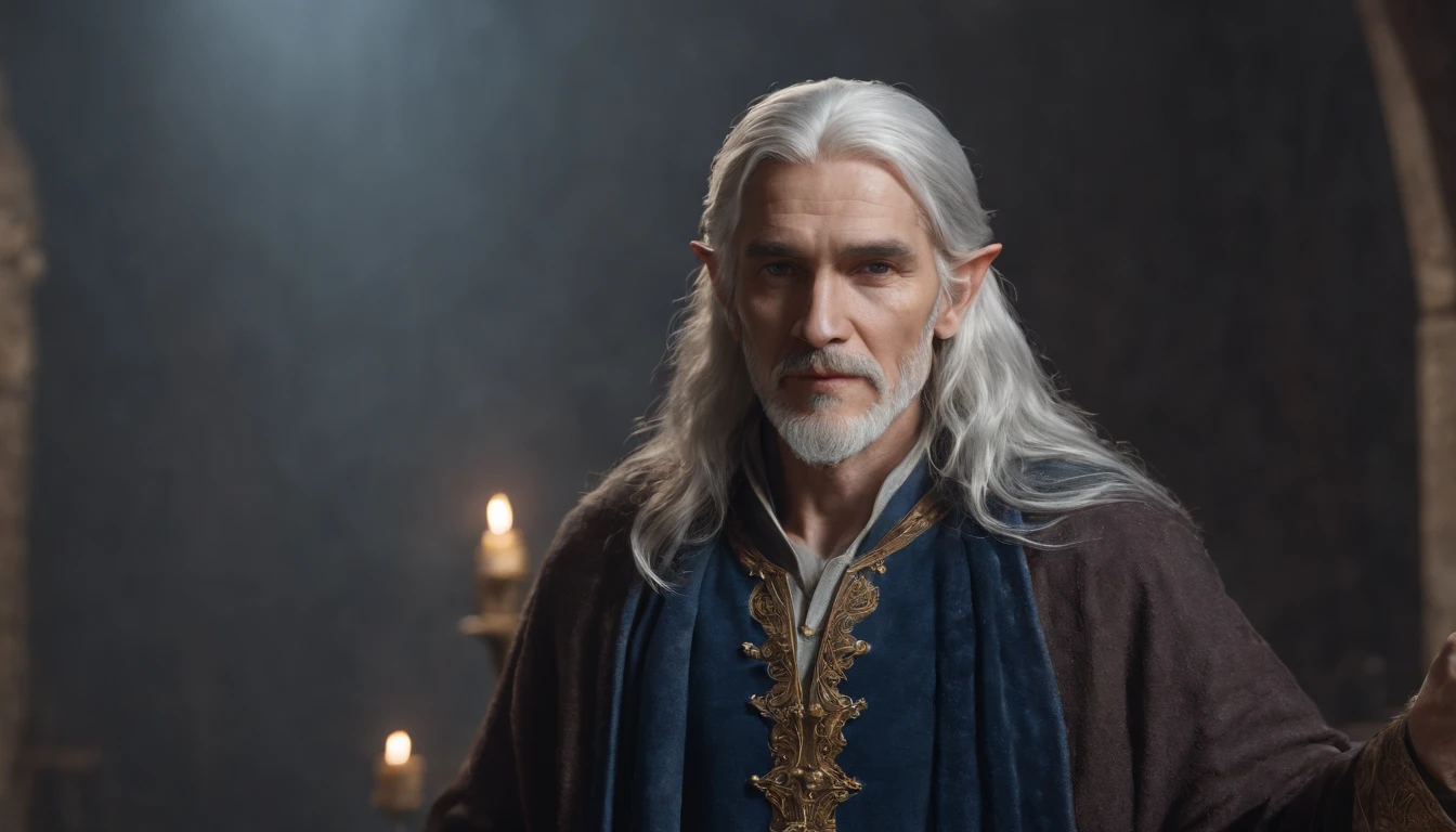 a detailed model sheet for a fantasy character. The character is a young wizard. He has long, silver hair that shimmers like the full moon, deep blue eyes, and a dark blue velvet robe with golden embroidery. He carries a magical staff with engraved runes and has a birthmark in the shape of a star on the left side of his face. The character is tall and slender, with an air of wisdom and power. include various full body poses, facial expressions, and costume details. Ensure that the style is consistent and impressive, as this will be the central character in our comic book
