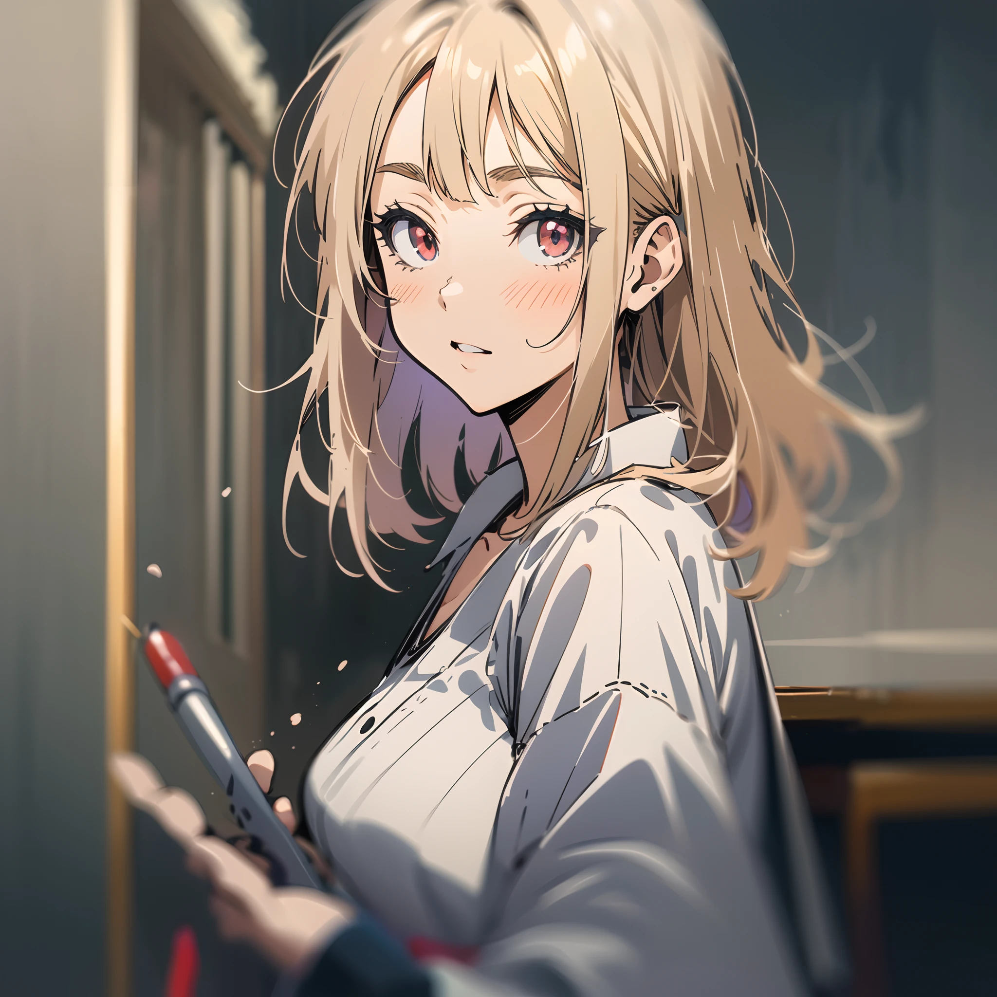 masterpiece, best quality, highres, 1girl, blond hair, red eyes, perfect face, 4k, 2D, pixiv, kawacy, lineart, clean art, anime_screencap, studio_ghibli, look at viewer