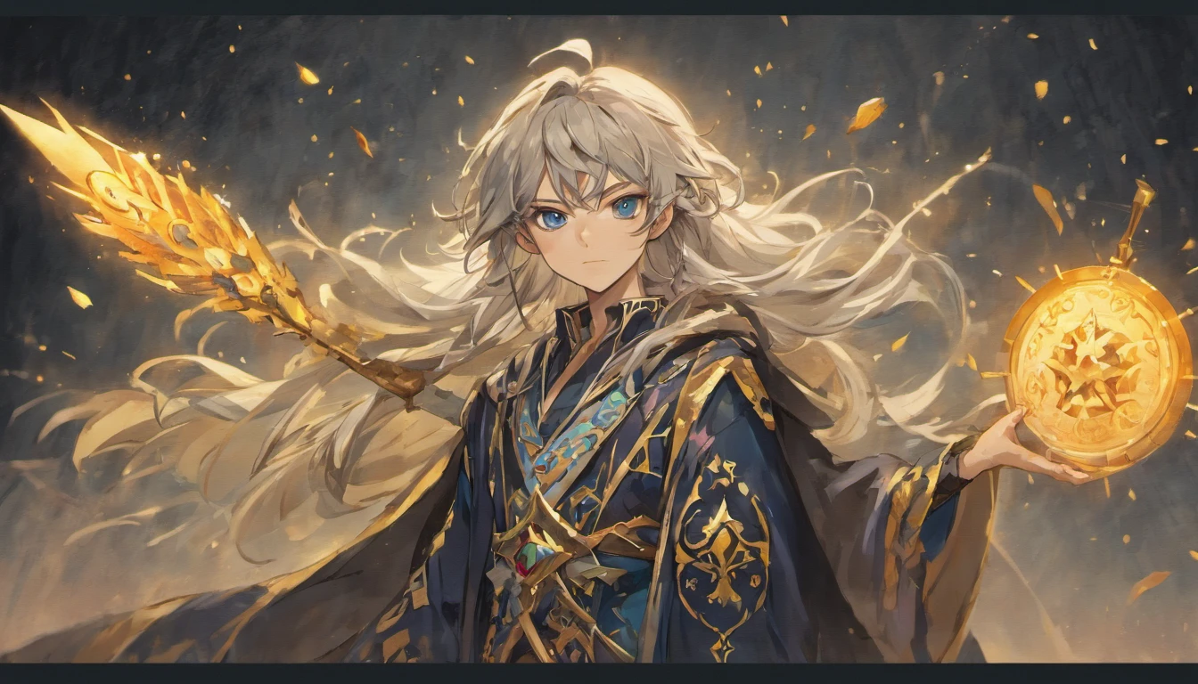 a detailed model sheet for a fantasy character. The character is a young wizard. He has long, silver hair that shimmers like the full moon, deep blue eyes, and a dark blue velvet robe with golden embroidery. He carries a magical staff with engraved runes and has a birthmark in the shape of a star on the left side of his face. The character is tall and slender, with an air of wisdom and power. include various full body poses, facial expressions, and costume details. Ensure that the style is consistent and impressive, as this will be the central character in our comic book