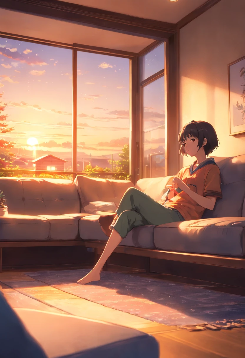 Dimly closed room,On the sofa in the living room, a 23-year-old boy curled up on the sofa and fell asleep peacefully,Through the curtains, a ray of golden rays of the afterglow of the sunset shone straight on his face, and the picture was very warm,high high quality, Clear focus (mess - house: 0.8), (tmasterpiece: 1.2) (realisticlying: 1.2) (Bokeh) (best qualityer) (Detailed skins: 1.3) (intricately details) (8K) (eye detailed) (foco nítido), (having fun) (a variety of poses) desenho