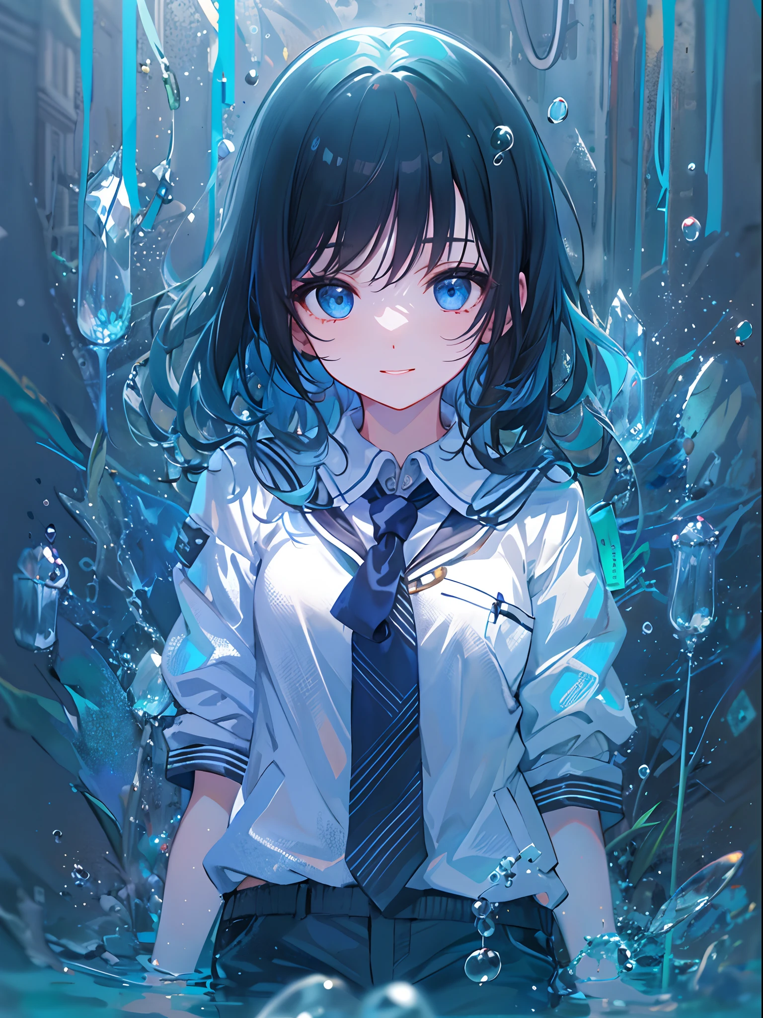 ((top-quality)), ((​masterpiece)), ((ultra-detailliert)), (extremely delicate and beautiful), girl with, 独奏, cold attitude,((Black jacket)),She is very(relax)with  the(Settled down)Looks,A dark-haired, depth of fields,evil smile,Bubble, under the water, Air bubble,bright light blue eyes,Inner color with black hair and light blue tips,Cold background,Bob Hair - Linear Art, shortpants、knee high socks、White uniform like school uniform、Light blue ribbon ties、Clothes are sheer、Hands in pockets、Bright eyes like sapphires,flourescent blue, There was a little blue light floating around