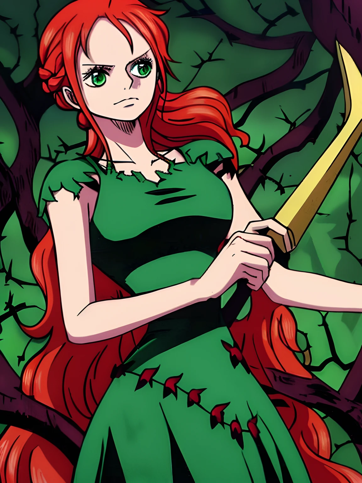 An illustration of red hair with green eyes. Has braided hair, wears short rose dress, and holds a long, slender vine as a weapon, in a dark fantasy setting. a sense of gloom, dread, and decay. roses vines and thorns.